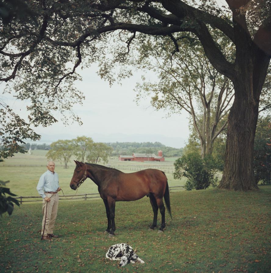Prize Trotter 
1960
by Slim Aarons

Slim Aarons Limited Estate Edition

Dunbar W Bostwick with his trotting horse and Dalmatian dog both named ‘Chris Spencer’ at Bostwick Farm, Shelburne, Vermont, circa 1960.

unframed
c type print
printed 2023
20 x