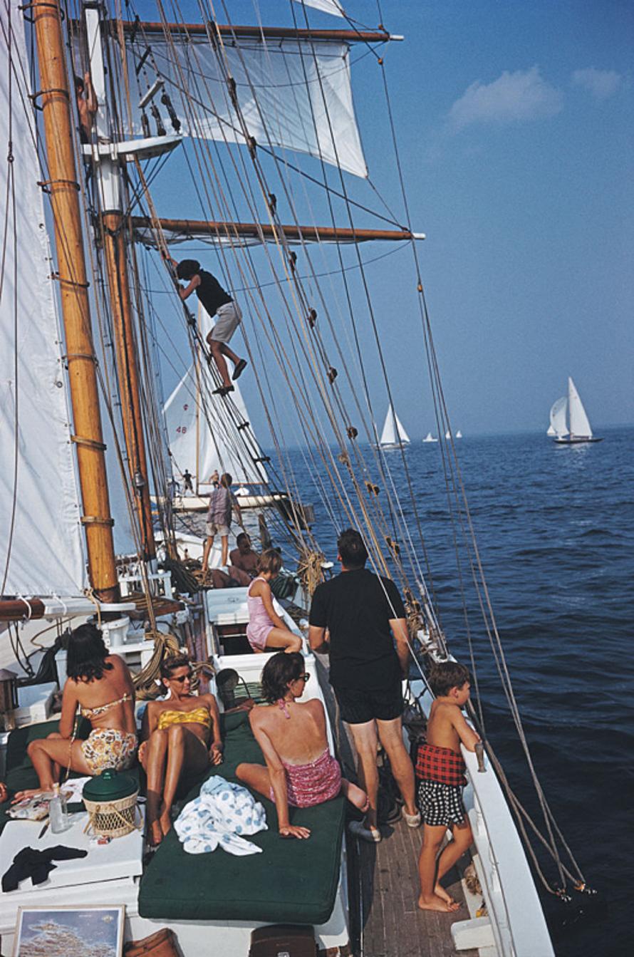 Sailing Off Boston 
1959
by Slim Aarons

Slim Aarons Limited Estate Edition

Henry B. Cabot Jr. (in black) on Barclay (Buzzy) H Warburton III’s brigantine ‘Black Pearl’, circa 1959. They are sailing off North Shore, Boston, around Manchester and