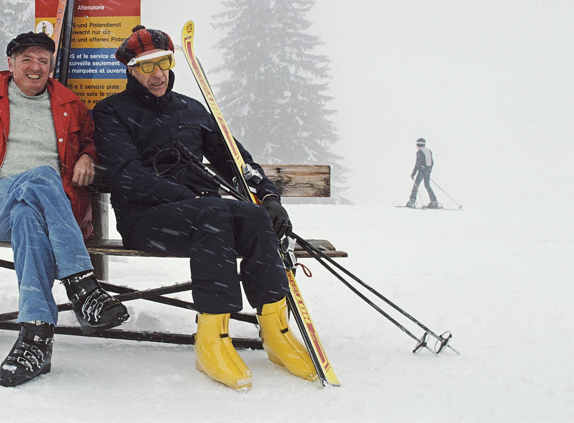 Skiing Holiday, Gstaad, Switzerland, Estate Edition. Winter Portrait Photograph

This late 1970s winter landscape photograph, captured by society photographer Slim Aarons, features American political novelist William F Buckley Jnr taking a break