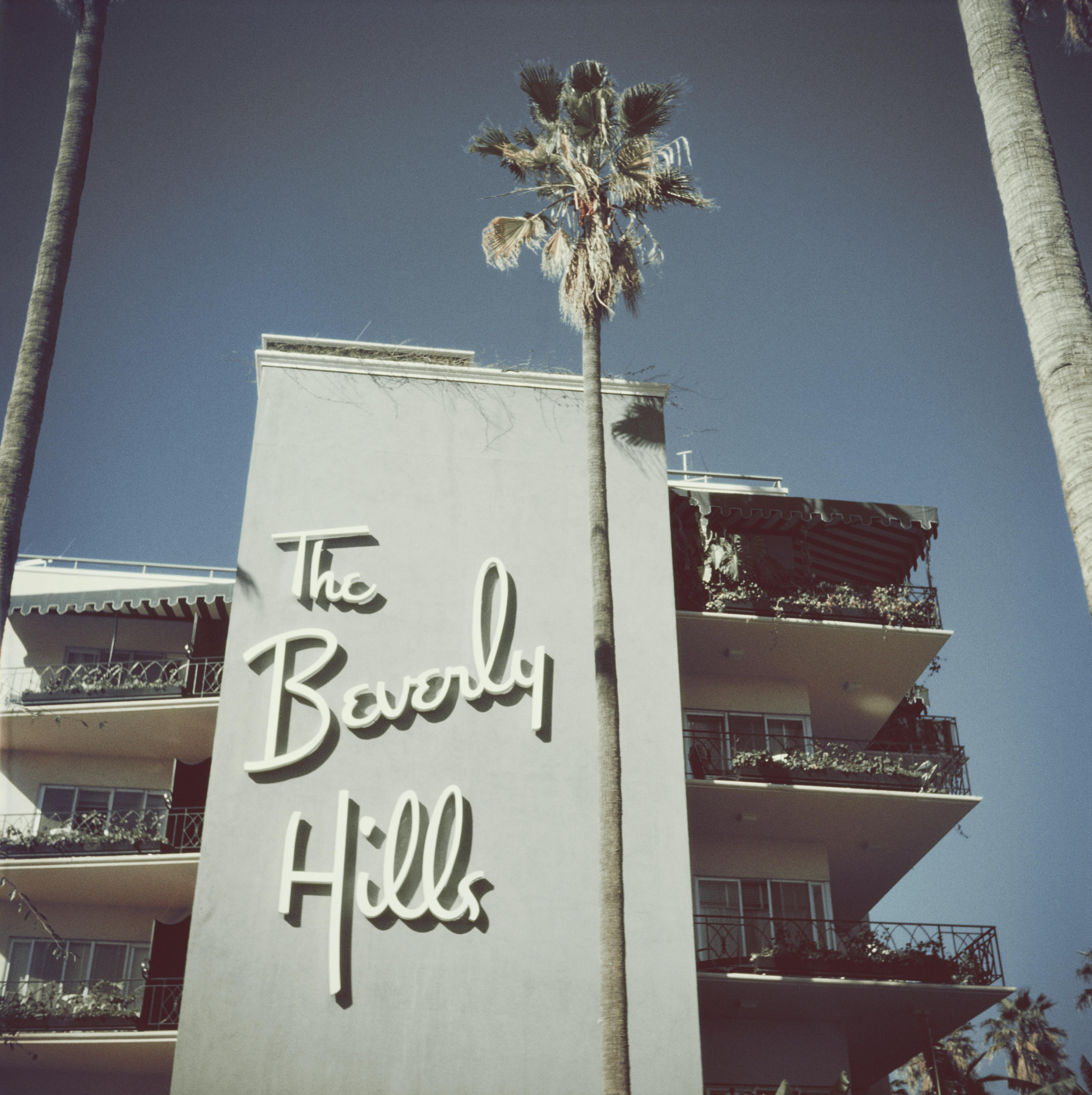 Beverly Hills Hotel
1957
C print
40 x 40 inches
Estate stamped and hand numbered edition of 150 with certificate of authenticity from the estate.   

The sign on the side of the Beverly Hills Hotel on Sunset Boulevard in California, 1957. (Photo by