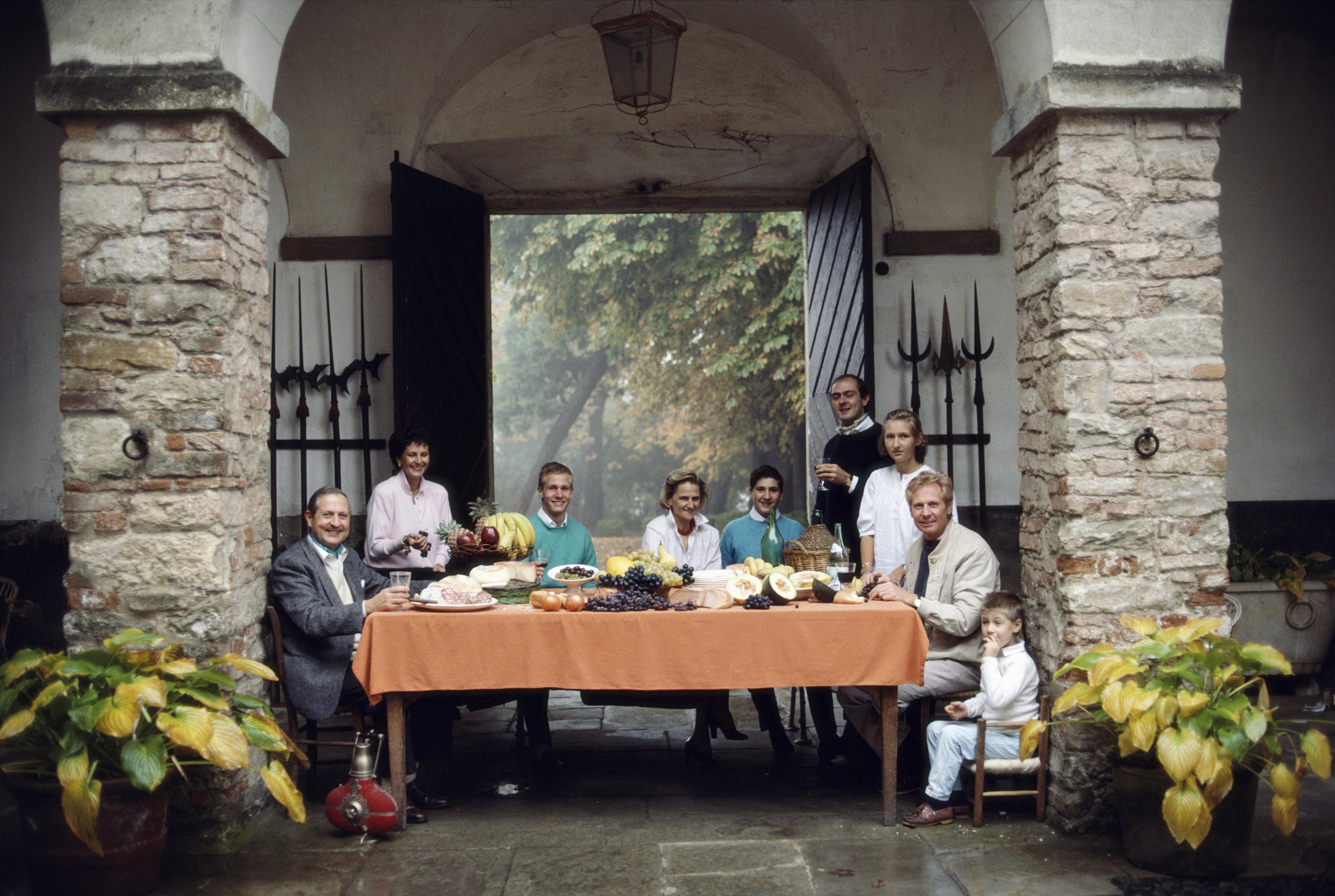 Slim Aarons
Castle Carpeneto
1987
C print
Estate stamped and hand numbered edition of 150 with certificate of authenticity from the estate.   

Marchese Gian Giacomo Chiavari, his wife Enrica , nephew Fabiano, sister-in-lew Elena, his sons Gian Luca