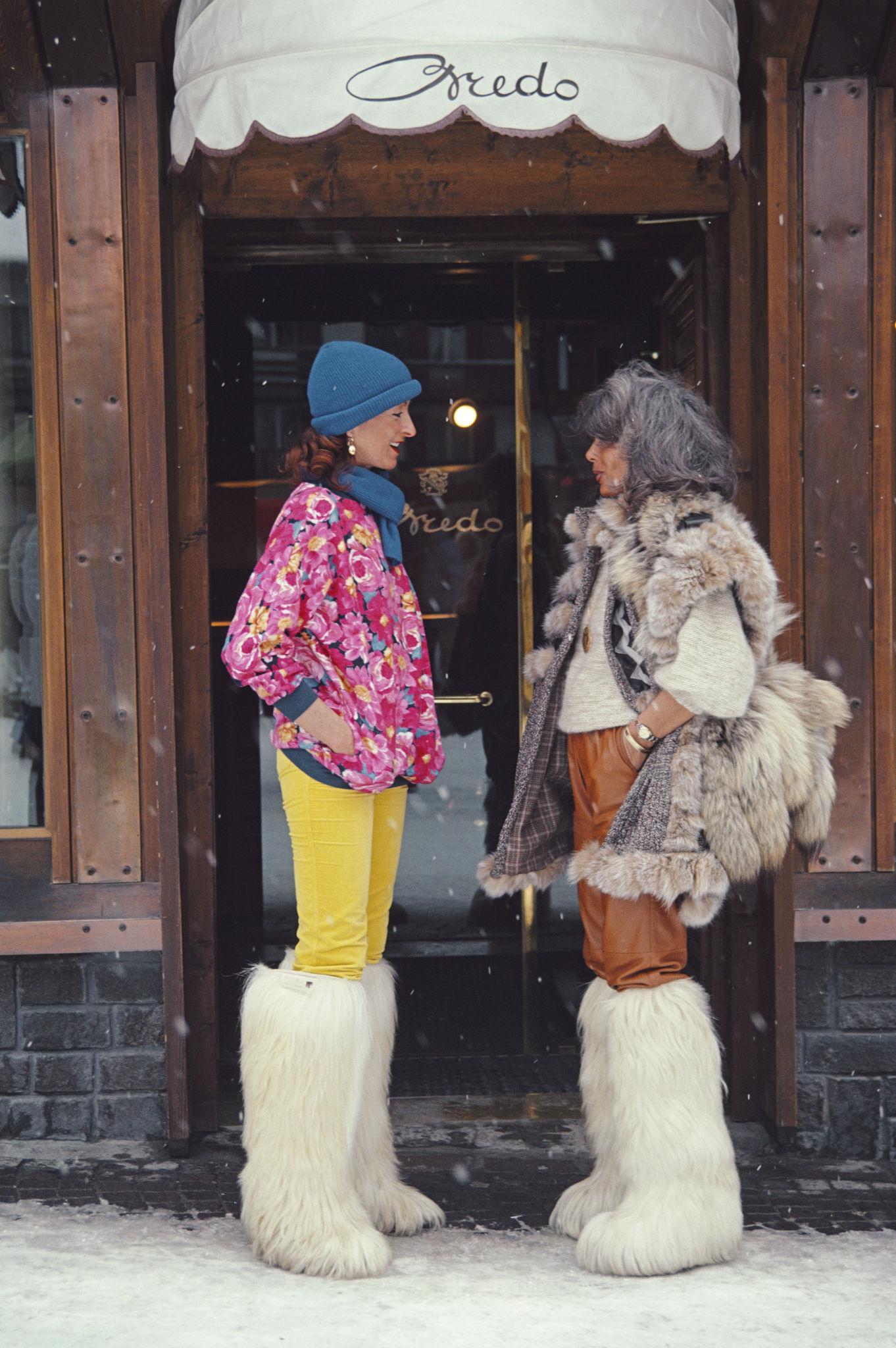 Cortina d'Ampezzo Fashion
1972
c print
Estate stamped and hand numbered edition of 150 with certificate of authenticity from the estate. 

Isa Genolini and Maria Antonia in the main street of Cortina d'Ampezzo, Italy, March 1982. 

Slim Aarons