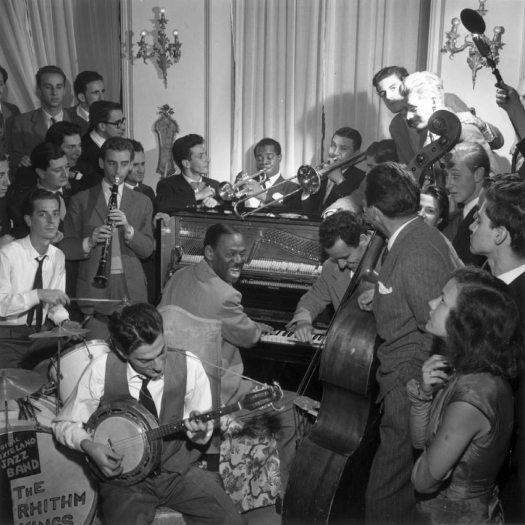 Limited Edition Estate Stamped Print (edition size 1/150). November 1948: An impromptu concert in Rome with American Jazz trumpeter and singer Louis Armstrong (1901 – 1971), Earl ‘Fatha’ Hines (1905 – 1983) on piano and Jack Teagarden (1905 – 1964)