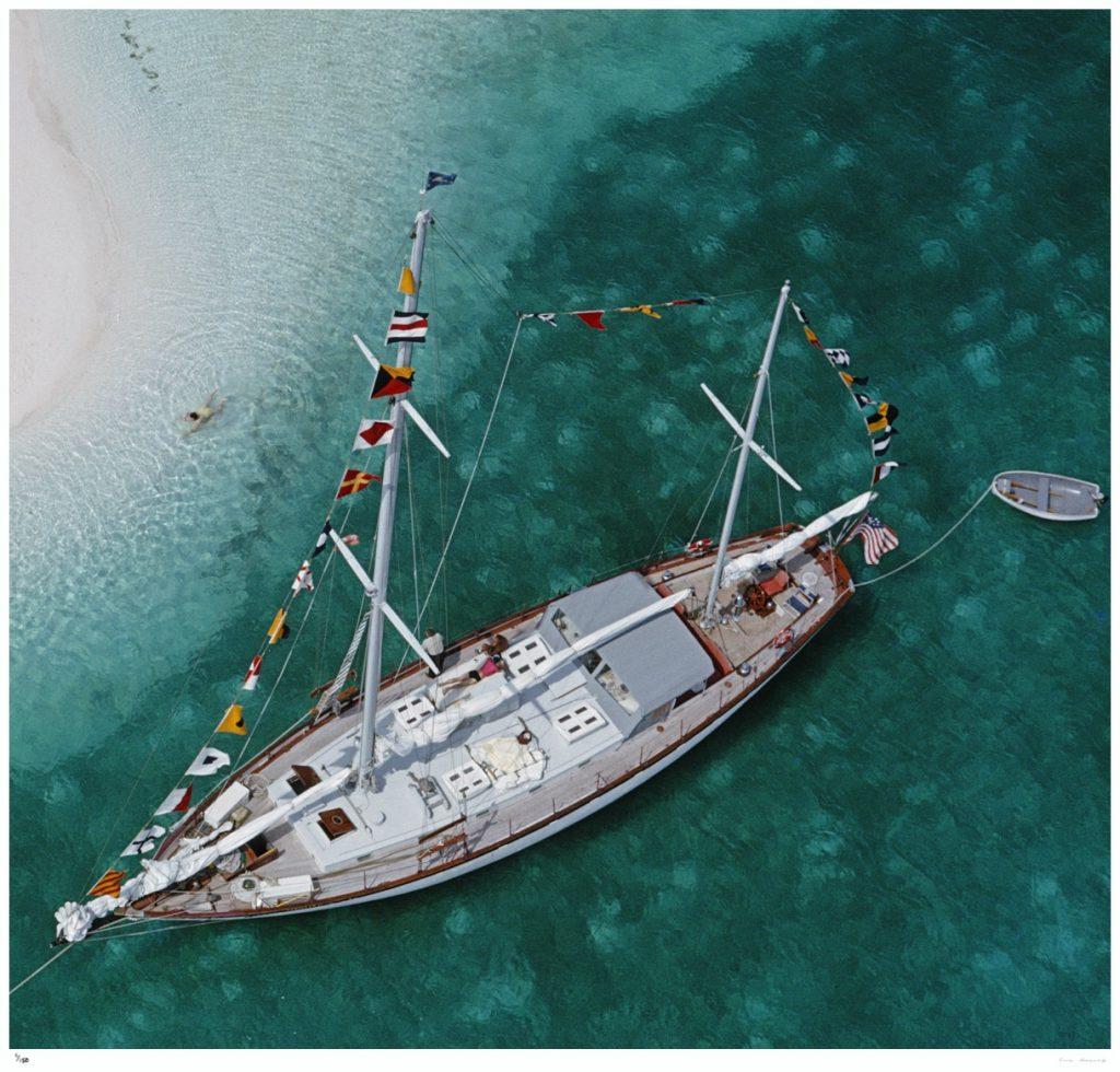 Slim Aarons - Charter Ketch - Estate Stamped

Sixty eight foot charter ketch ‘Traveller II’ at anchor in the lee of Stocking Island, across the harbour from George Town, Exuma, circa 1960. (Photo by Slim Aarons) 

This photograph epitomises the