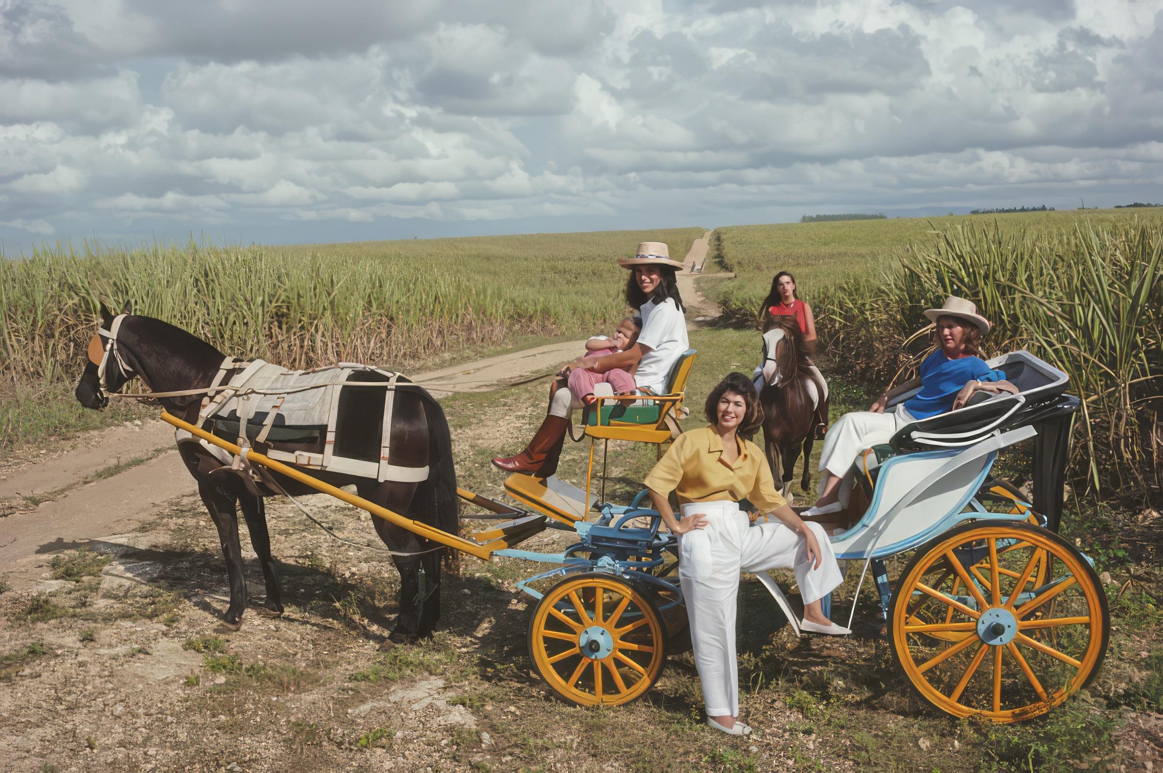 Slim Aarons
Fanjul family outing
1990 (printed later)
C print
Estate stamped and hand numbered edition of 150 with certificate of authenticity from the estate.   

Members of the Fanjul family out for a ride on a horse and carriage, Casa de Campo,