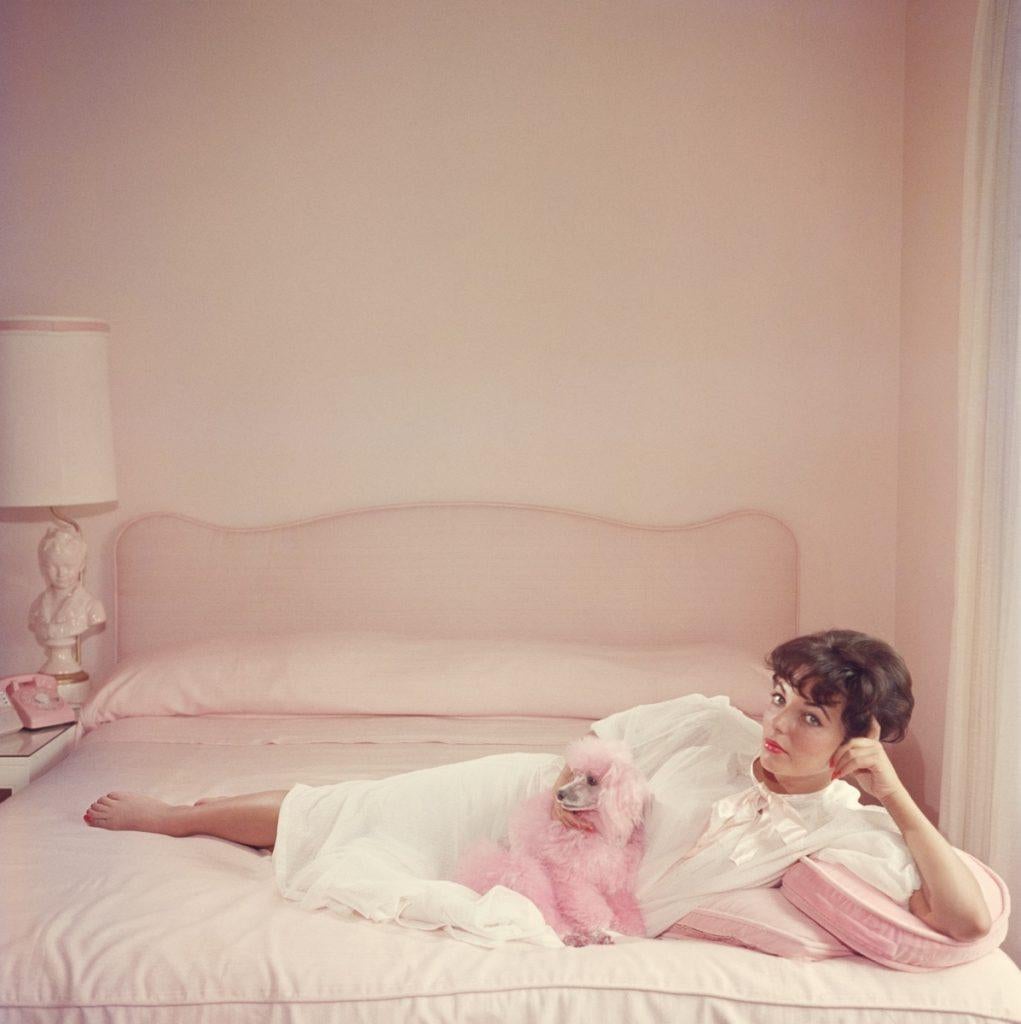 Slim Aarons - Joan Collins Relaxes - Estate Stamped 

Film star Joan Collins relaxes with her pink poodle on her pink bed. (Photo by Slim Aarons)

This photograph epitomises the travel style and glamour of the period's wealthy and famous,
