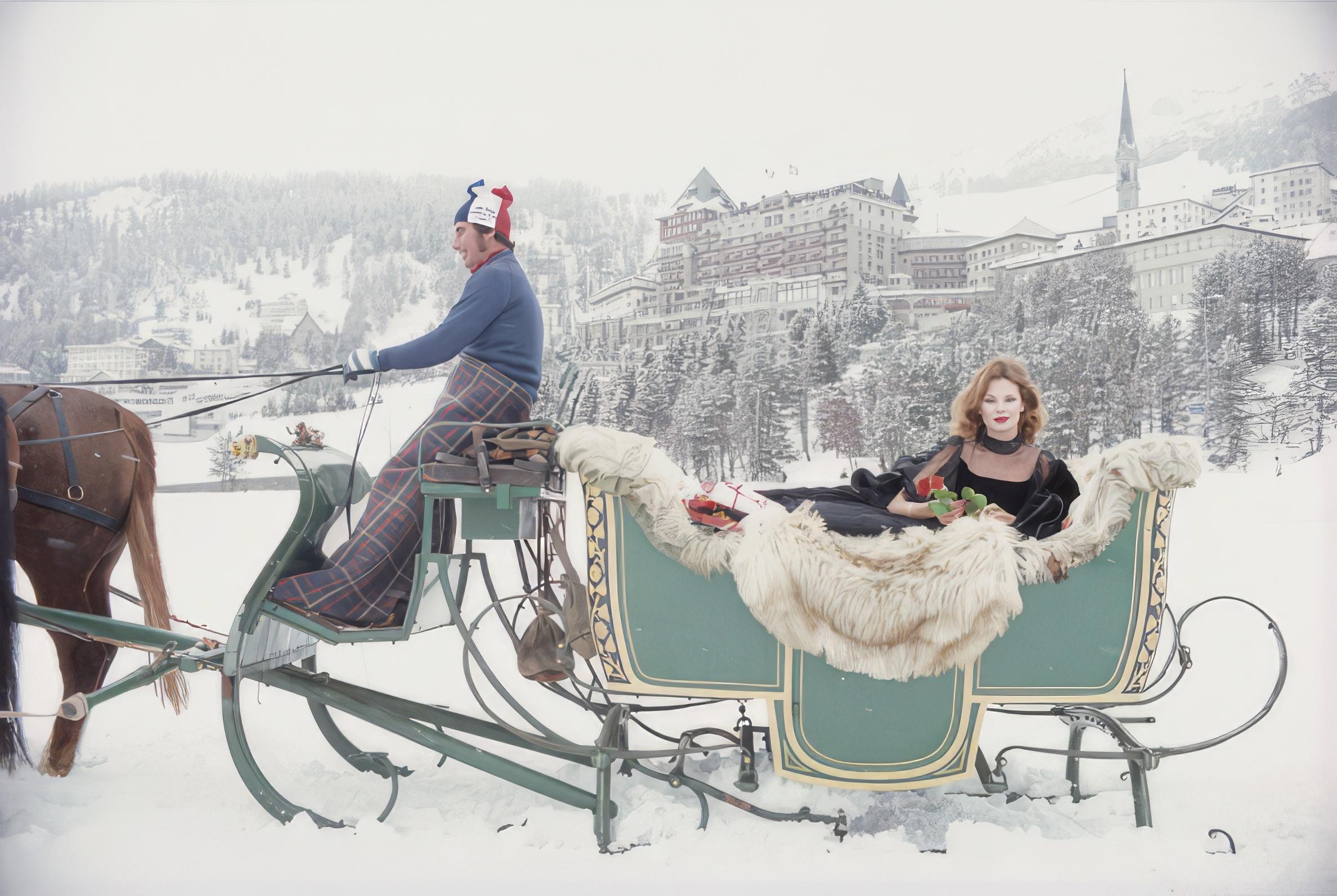 Slim Aarons
Karen Davis
1978 (printed later)
C print
Estate stamped and hand numbered edition of 150 with certificate of authenticity from the estate.   

American opera singer Karen Davis arrives at the Palace Hotel in an antique sleigh, St.