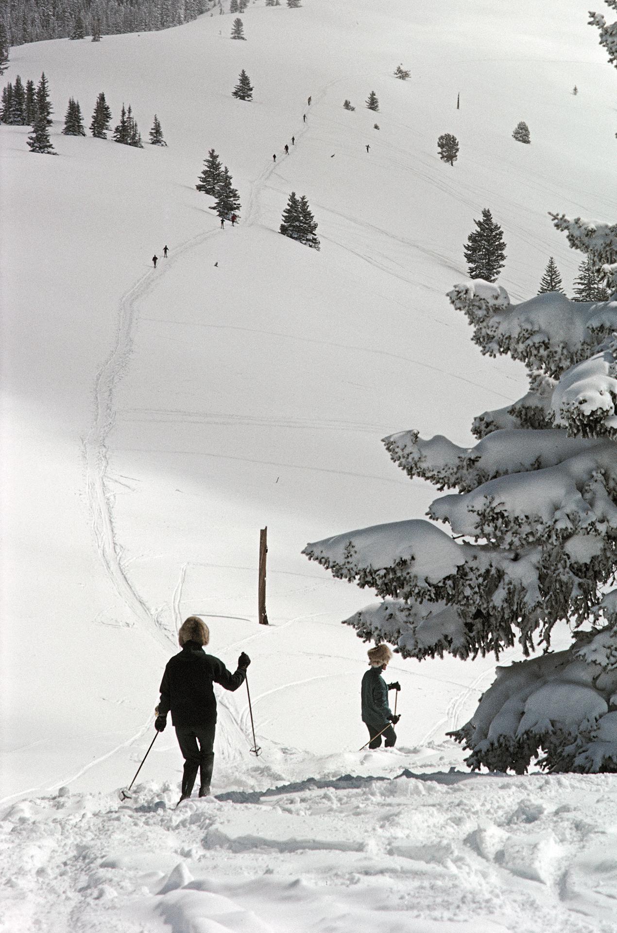 Diese frühe Winterlandschaft aus den 1660er Jahren, aufgenommen vom Society-Fotografen Slim Aarons, zeigt Skifahrer, die an einem schneebedeckten Baum in Vail, Colorado, USA, 1964, vorbeifahren.

Dies ist eine nachlassgestempelte und handnummerierte