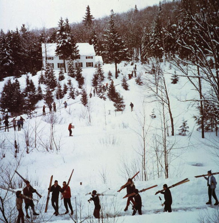 circa 1960: Students from Stowe Preparatory School track through deep snow near Mount Mansfield and Spruce Peak, Vermont.

Estate stamped and hand numbered edition of 150 with certificate of authenticity from the estate. 

Slim Aarons (1916-2006)