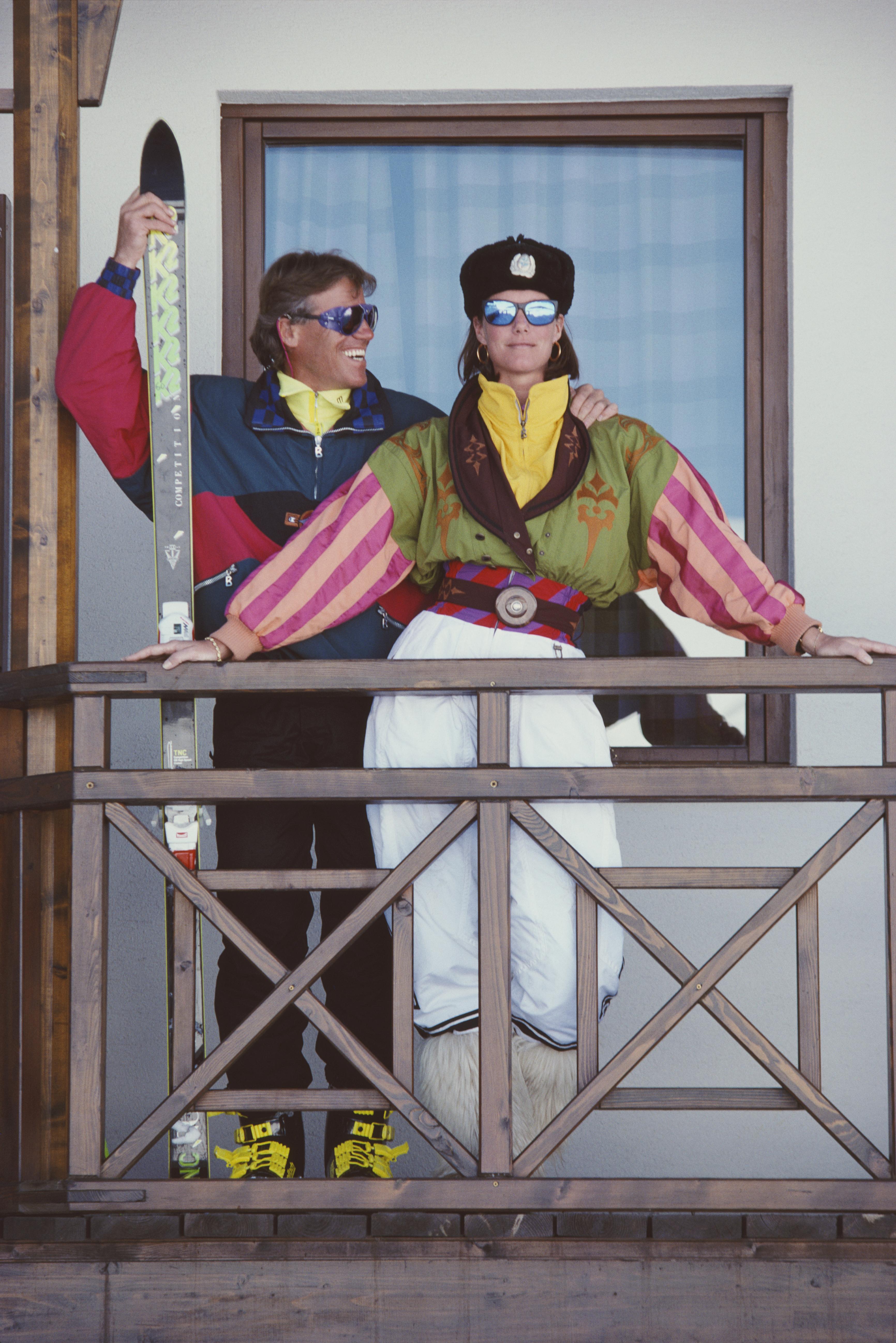 'You Look Wonderful' 1990 Slim Aarons Limited Estate Edition Print 

1990: Alpine ski champion Max Rieger on the balcony of a villa in Gudari, in the Caucasus mountains,Georgia. With him is Meg O'Neil dressed in ski suit designed by Bogner and
