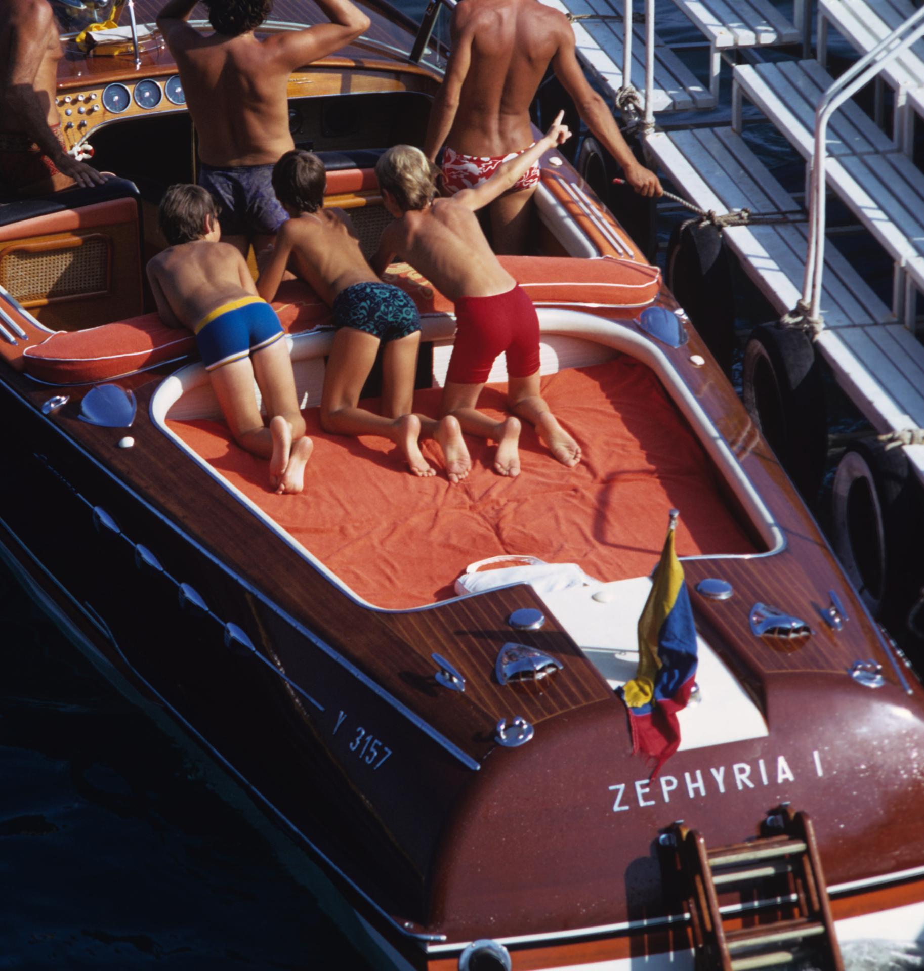 Zephyria I, Estate Edition. Monte Carlo French Riviera Speedboat Seascape - Black Landscape Photograph by Slim Aarons