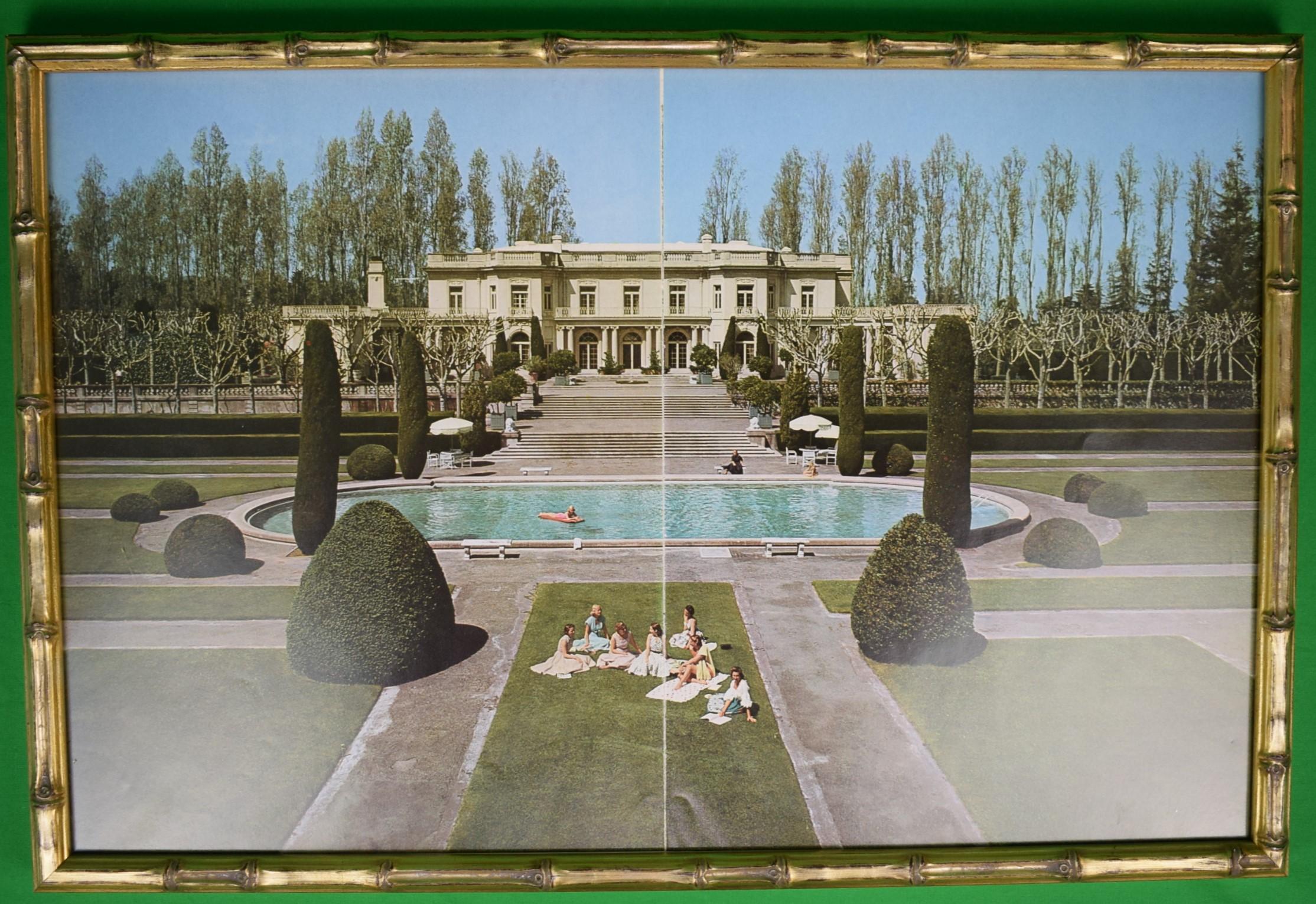 Art Sz: 13"H x 20"W

Frame Sz: 14 1/4"H x 21 1/4"W

In custom gilt bamboo frame

Original color double page from Slim Aarons' iconic book "A Wonderful Time" published 1974

The former George Newhall estate, its house and gardens modeled after Le