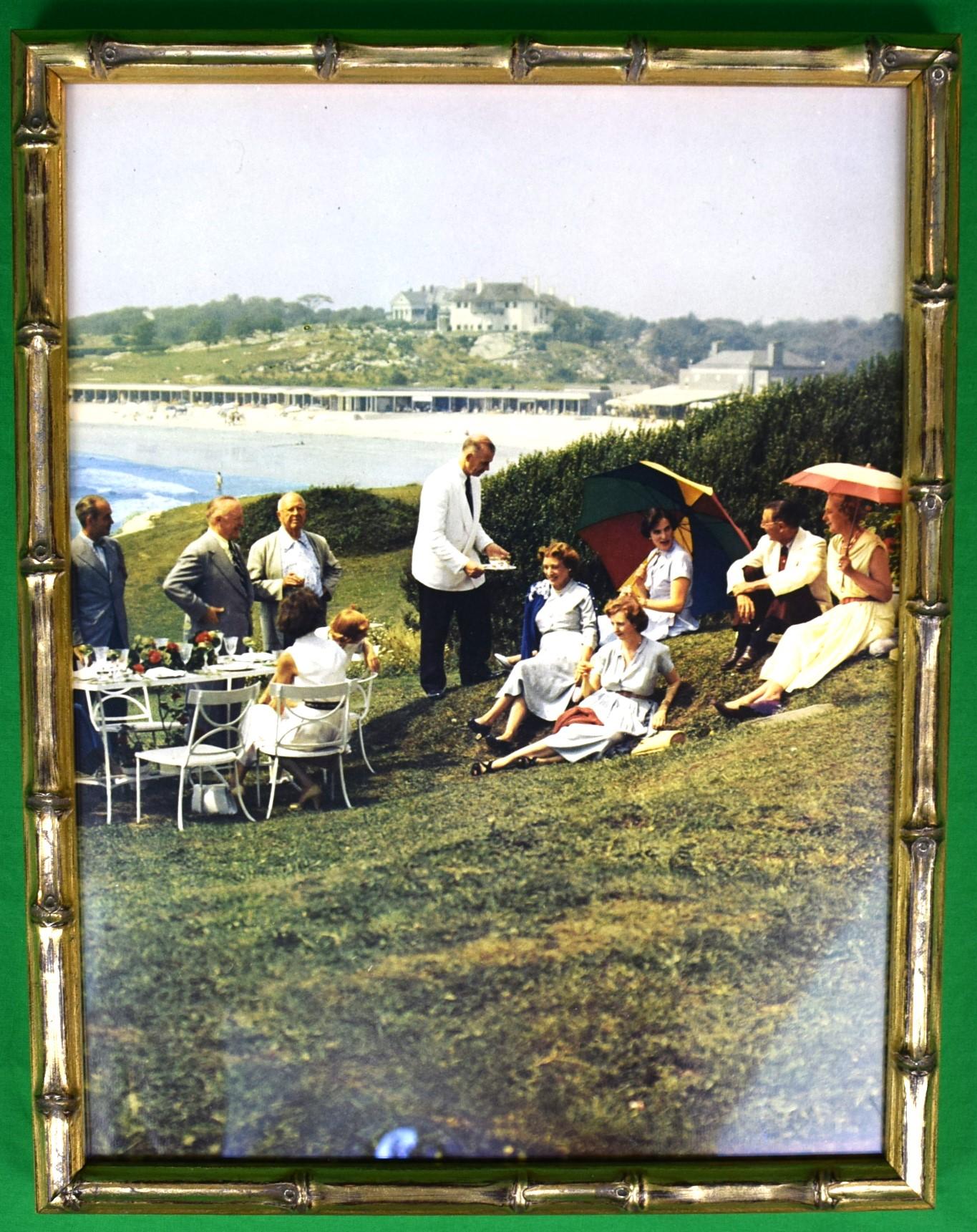 Art Sz: 13"H x 10"W

Frame Sz: 14 3/8"H x 11 1/8"W

In custom gilt bamboo frame

Original color page from Slim Aarons' iconic book "A Wonderful Time" published 1974

At James M. Becks' estate, Plaisance including such Newport notables as Mrs. Thomas