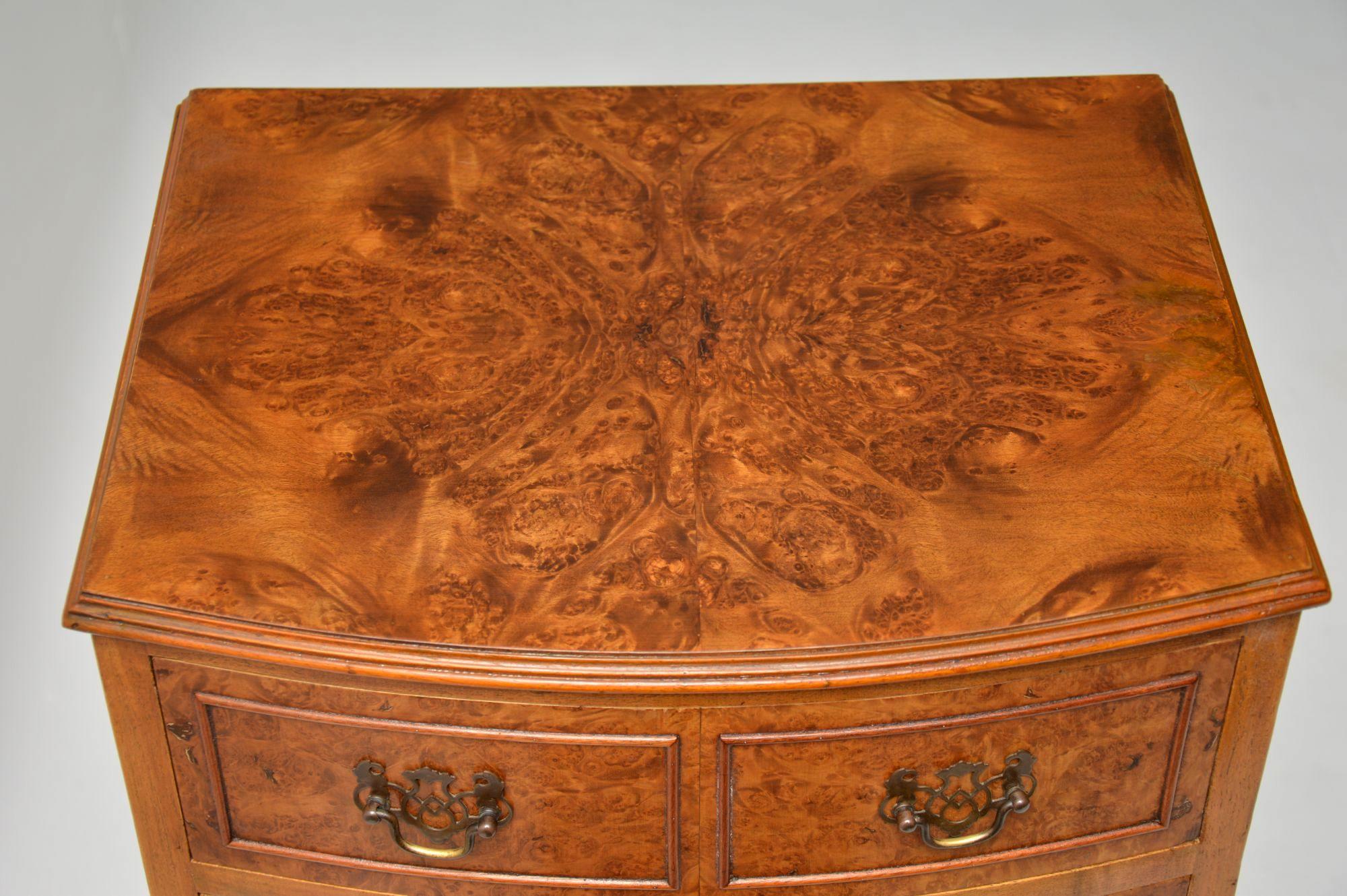 Slim Antique Burr Walnut Bow Front Chest of Drawers 4