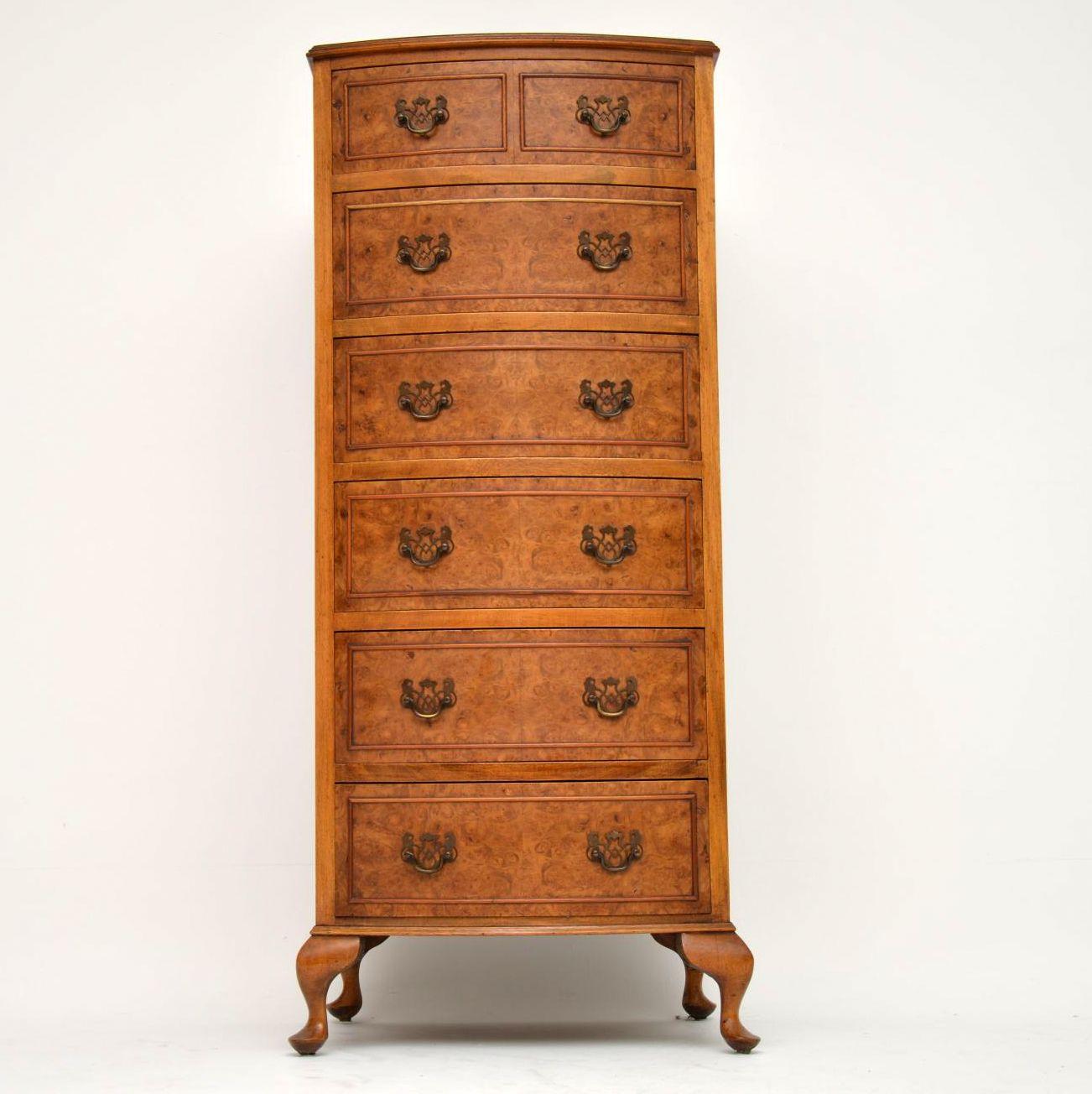 Queen Anne Slim Antique Burr Walnut Bow Front Chest of Drawers