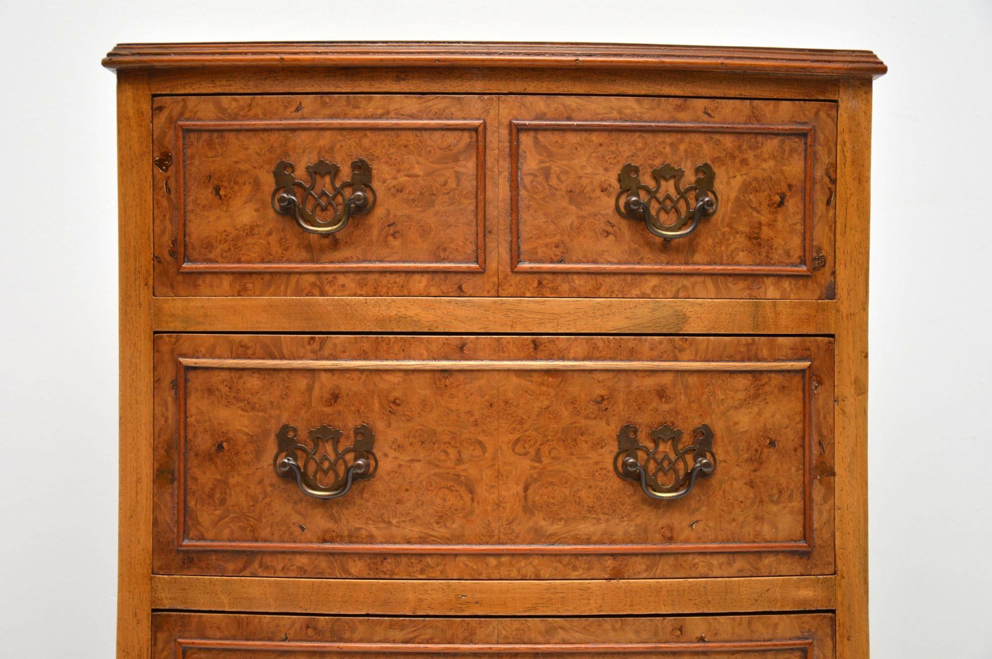 English Slim Antique Burr Walnut Bow Front Chest of Drawers