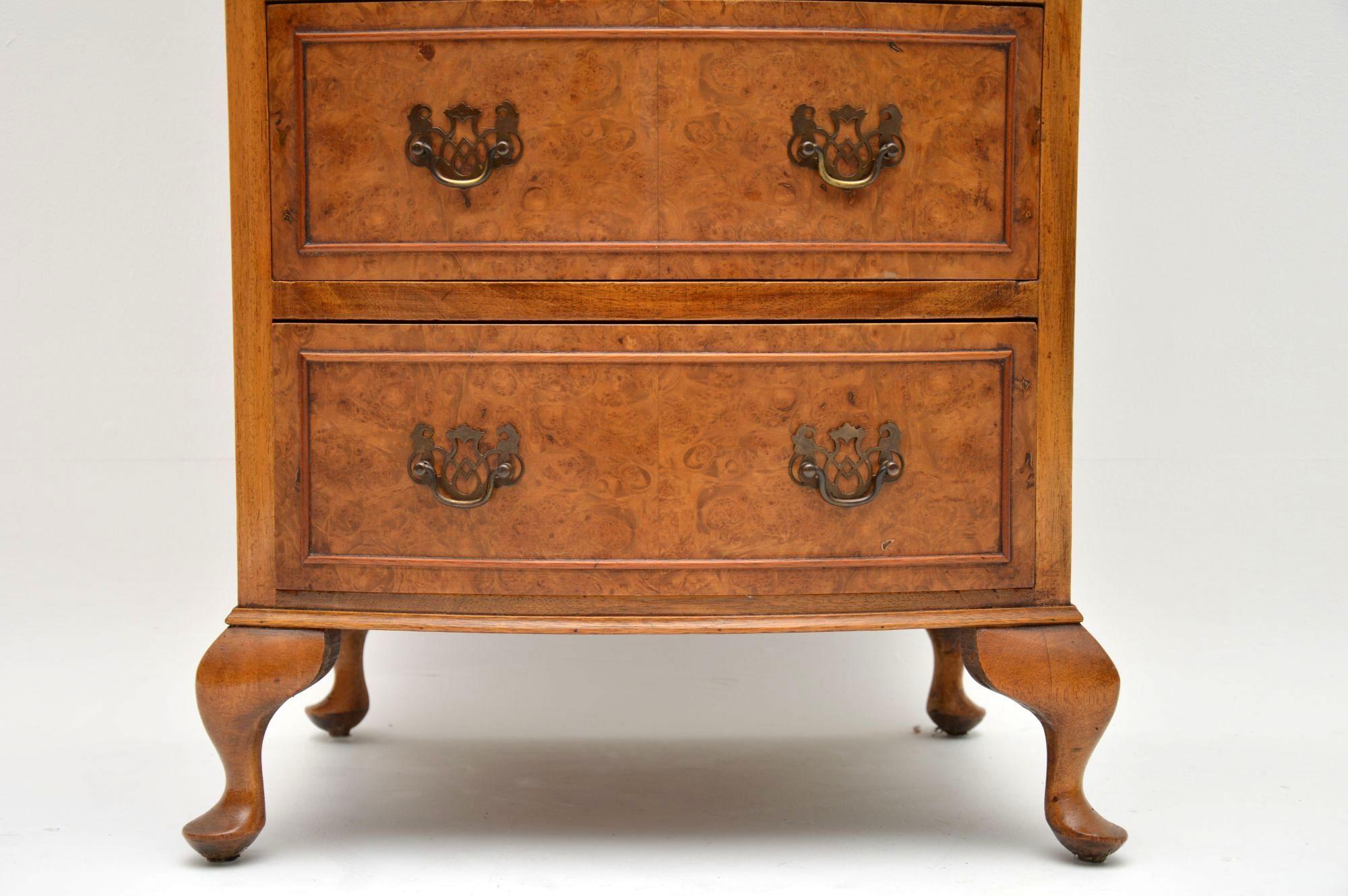 Mid-20th Century Slim Antique Burr Walnut Bow Front Chest of Drawers