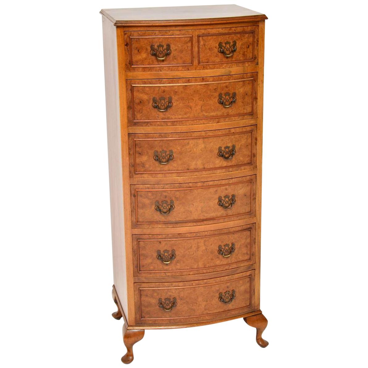 Slim Antique Burr Walnut Bow Front Chest of Drawers
