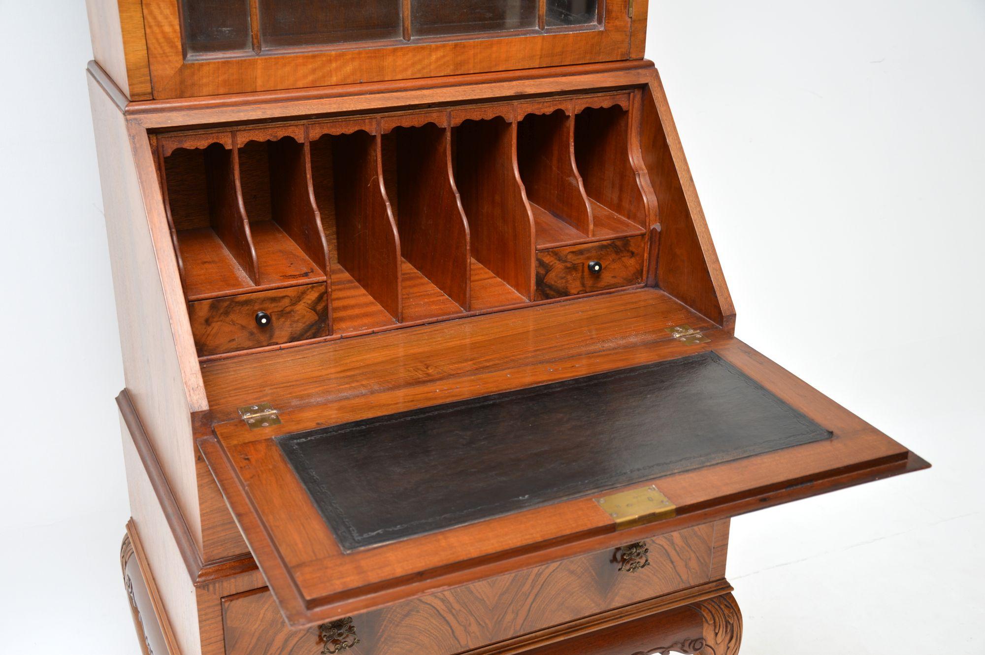 Slim Antique Figured Walnut Bureau Bookcase In Good Condition In London, GB