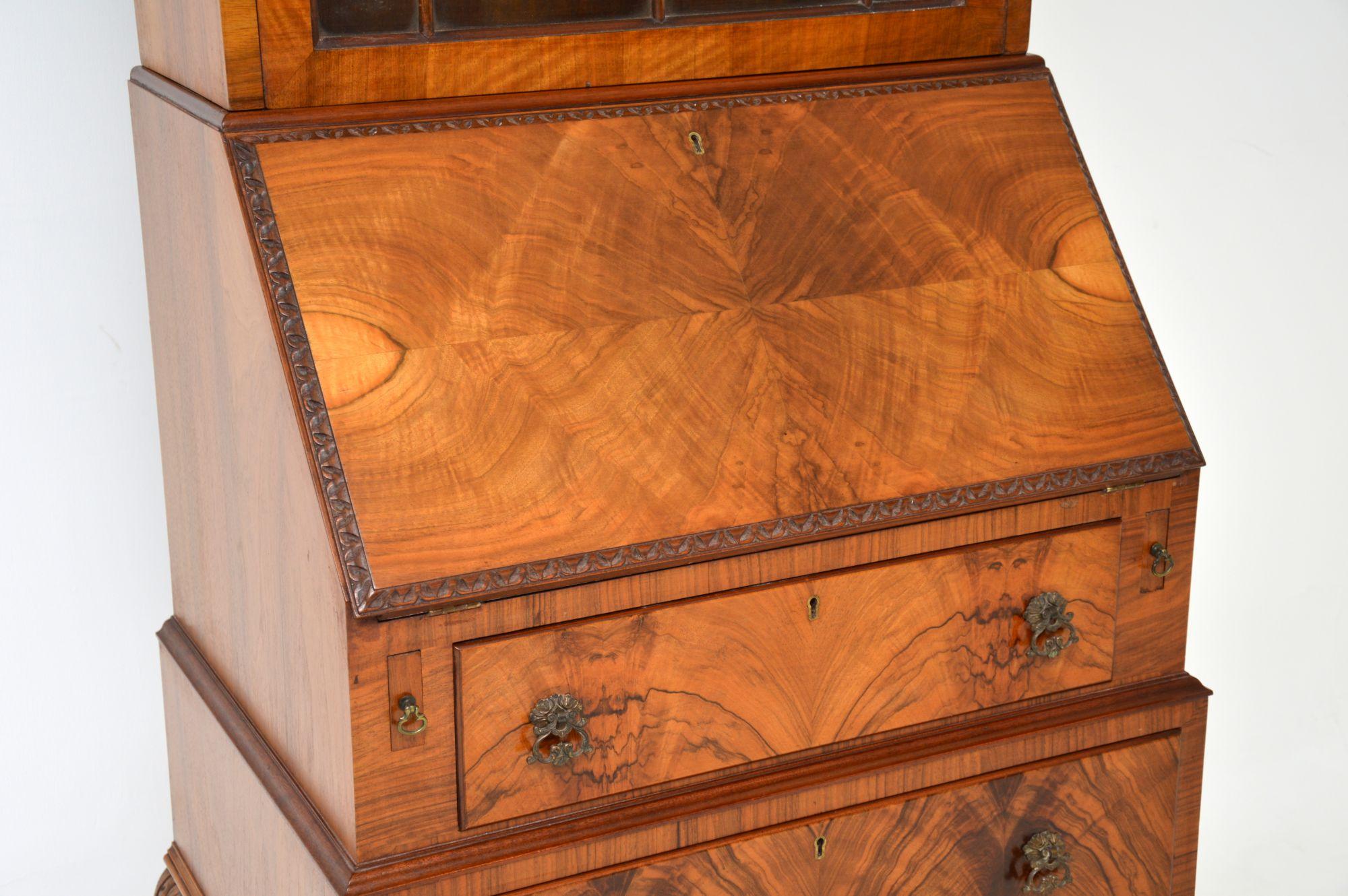 20th Century Slim Antique Figured Walnut Bureau Bookcase