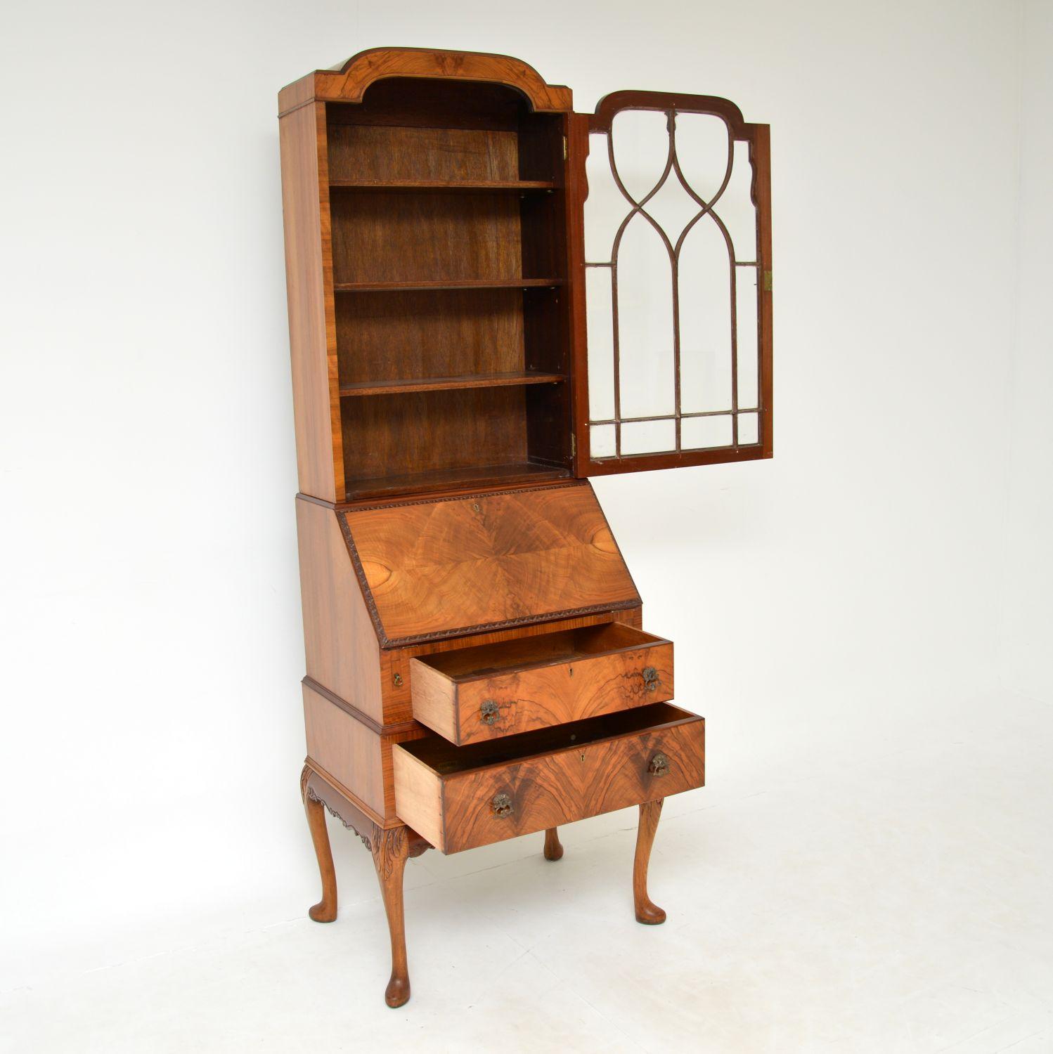 Slim Antique Figured Walnut Bureau Bookcase 3