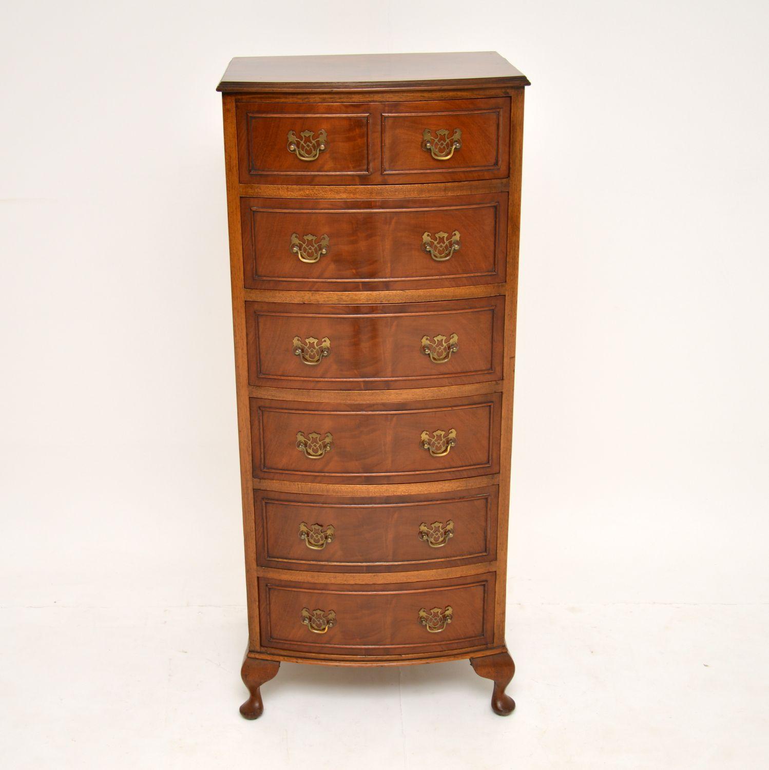 English Slim Antique Mahogany Bow Front Chest of Drawers