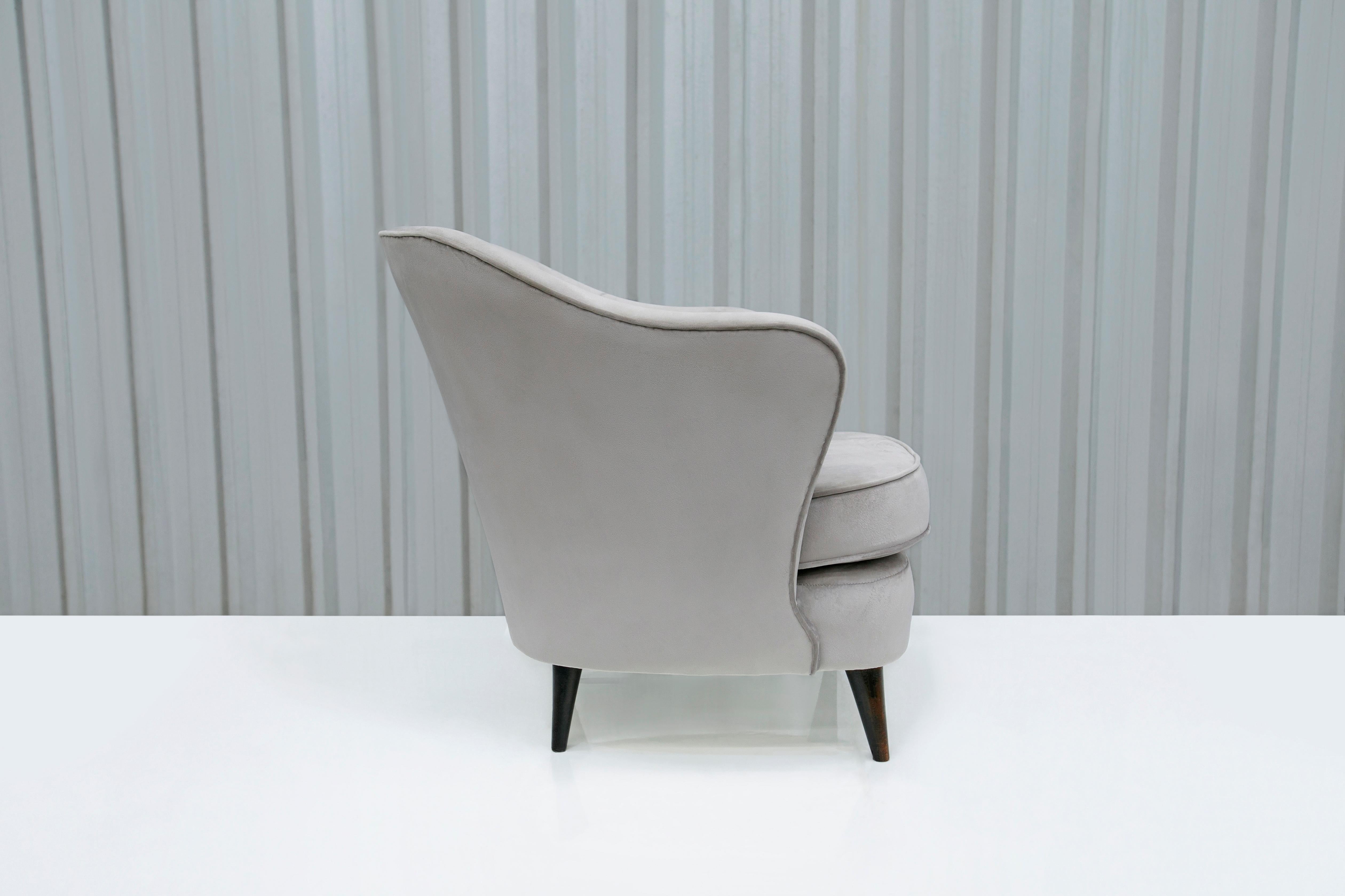 Woodwork Slim Armchair in Grey Fabric Attributed to  Joaquim Tenreiro, c. 1950s For Sale