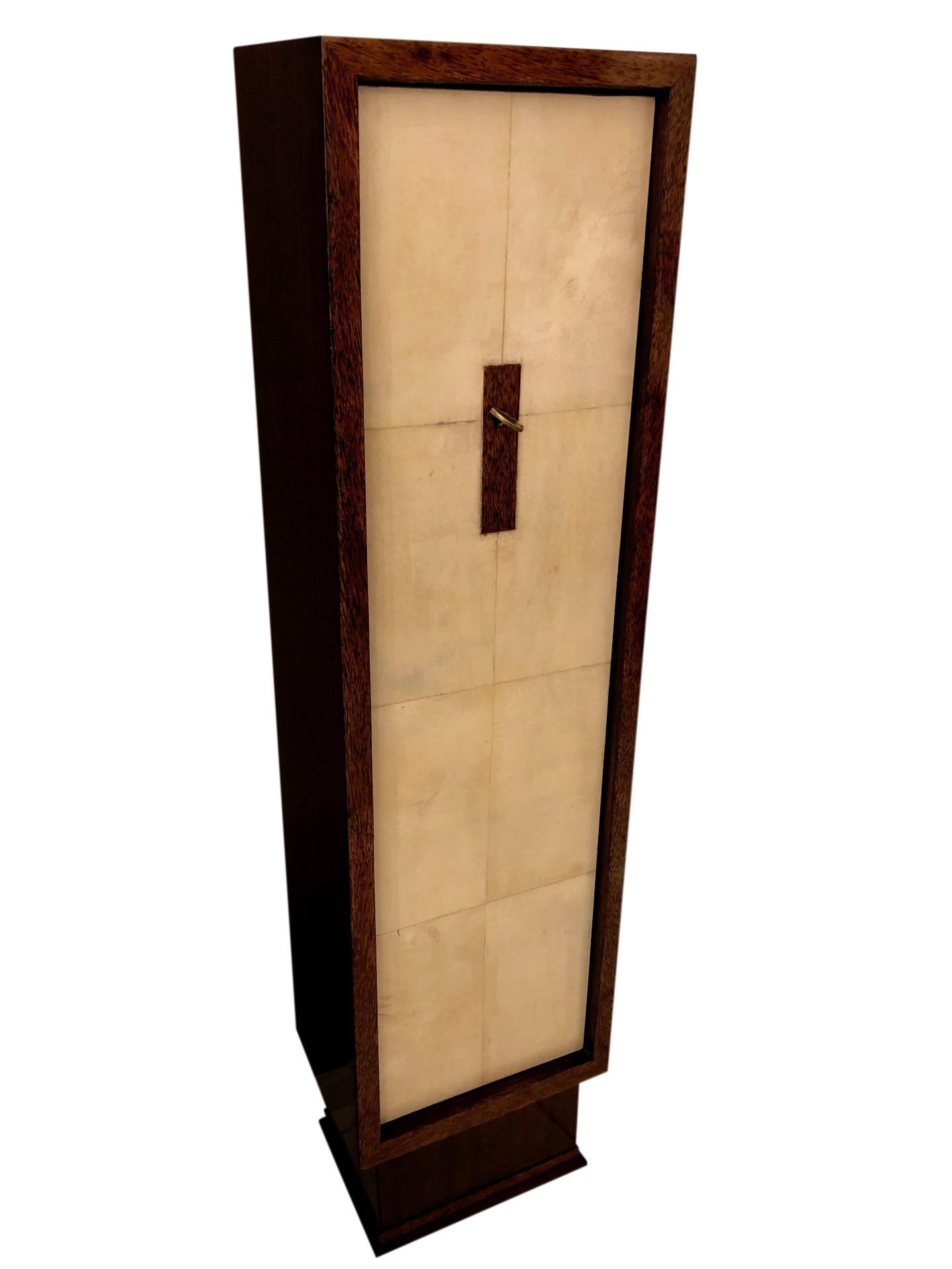 French Slim Art Deco Cabinet in Style of Dominique in Palm Wood and Parchment For Sale