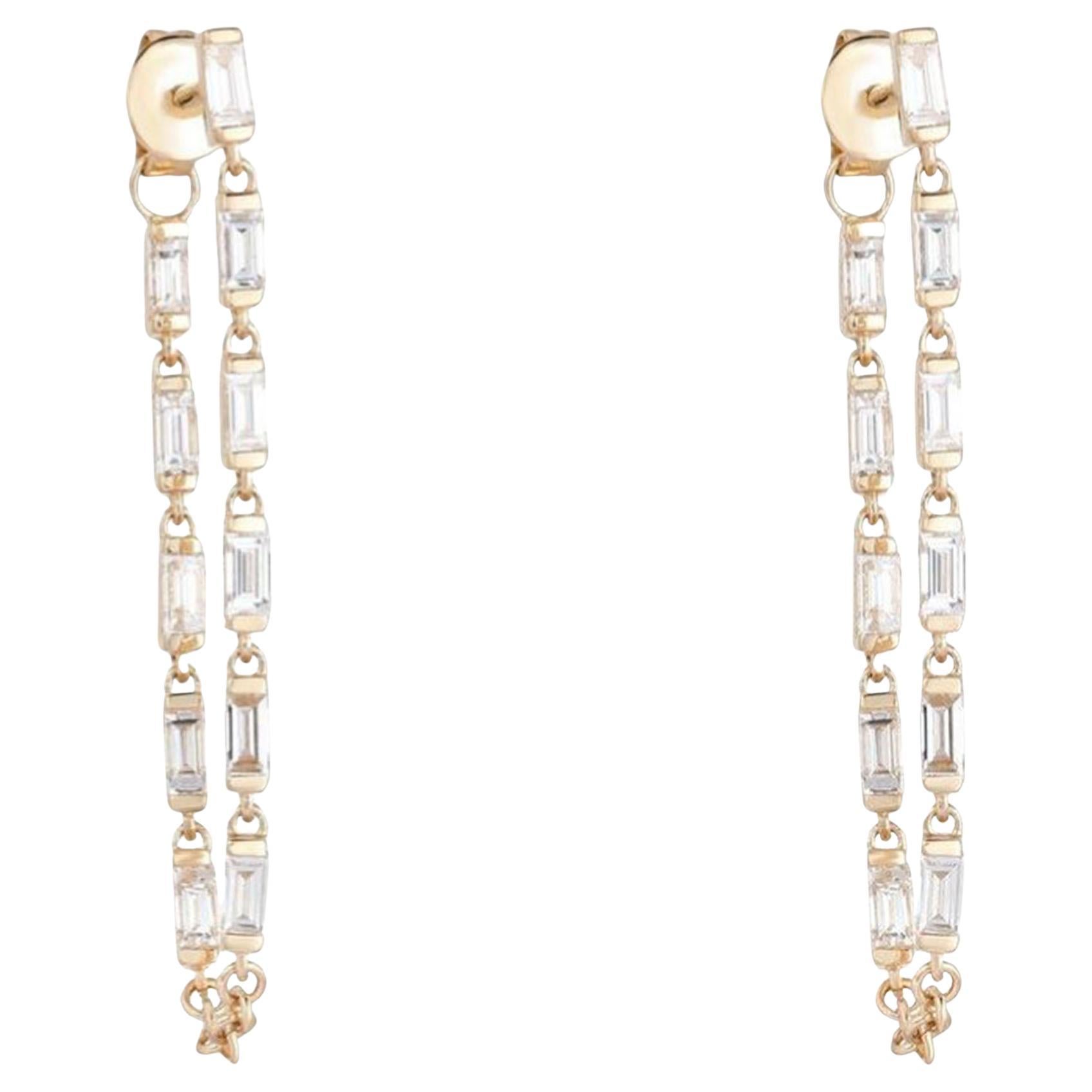 Slim Baguette 14K (or 18k upon request) Yellow Gold Diamond Chain Earrings For Sale