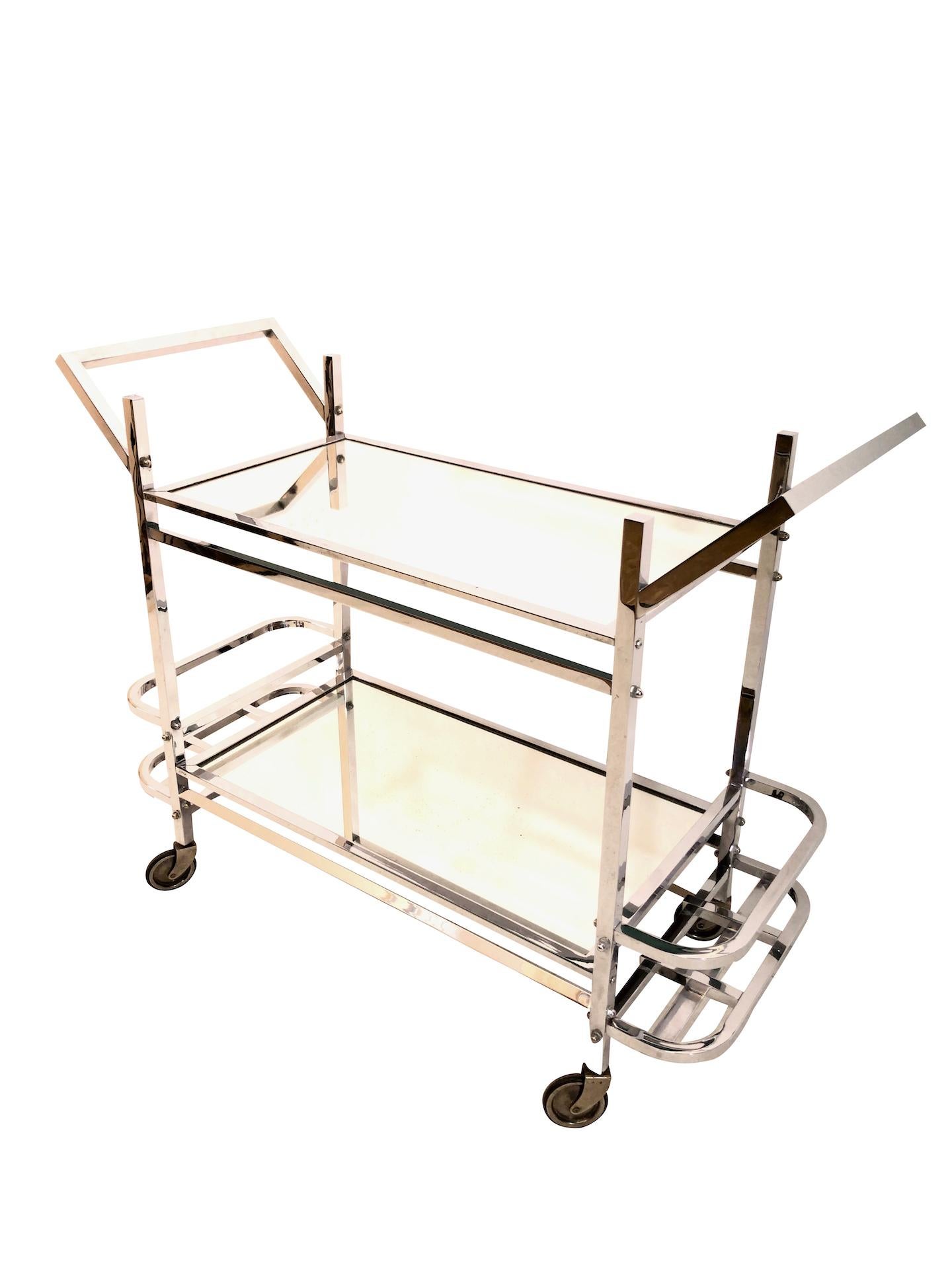 Polychromed Slim Bar Cart in Chromed Metal with Mirrors original French Art Deco 1930s For Sale