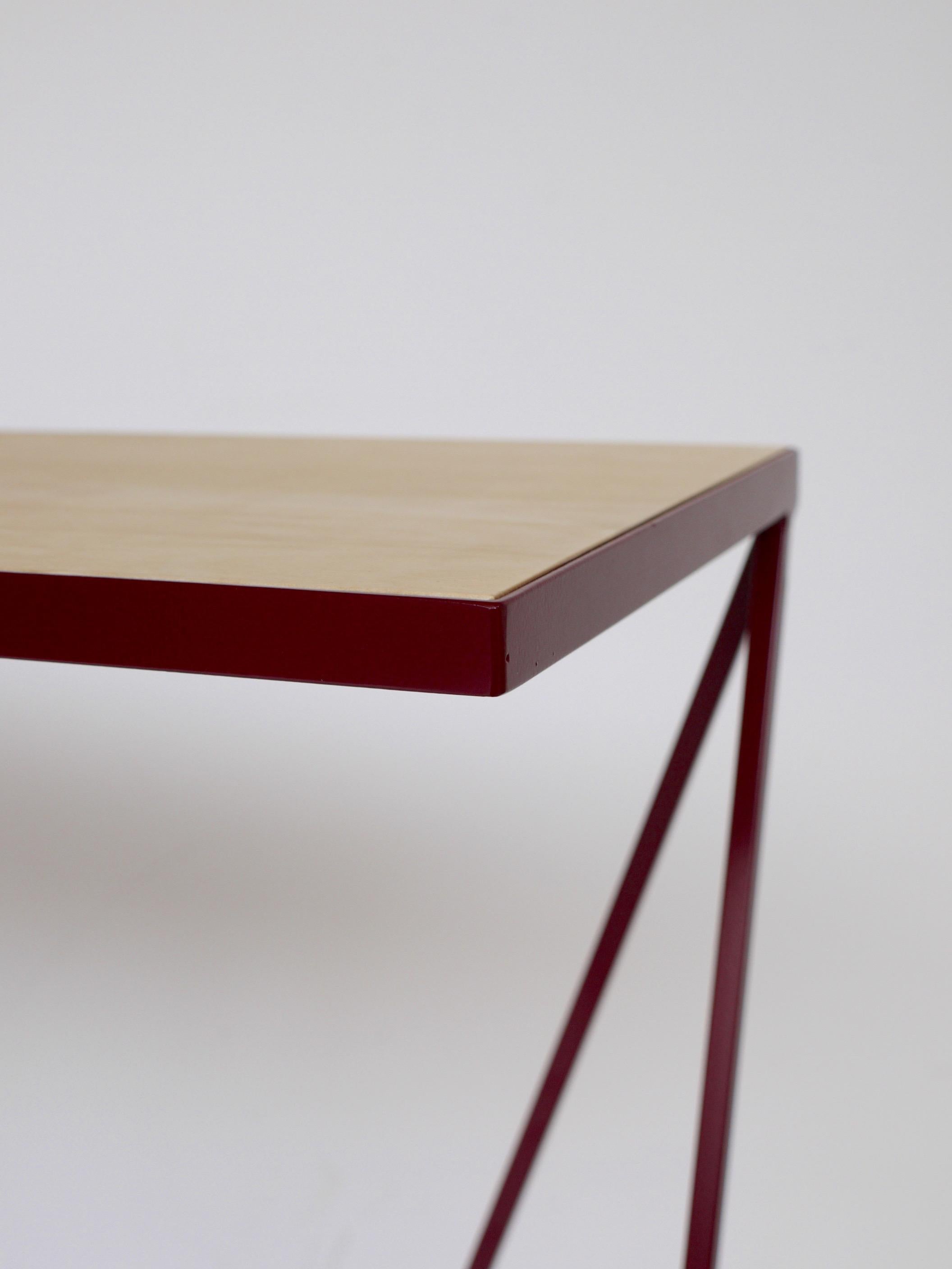 Bauhaus Slim Burgundy Steel Console Table with Wood Table Top / Customizable For Sale