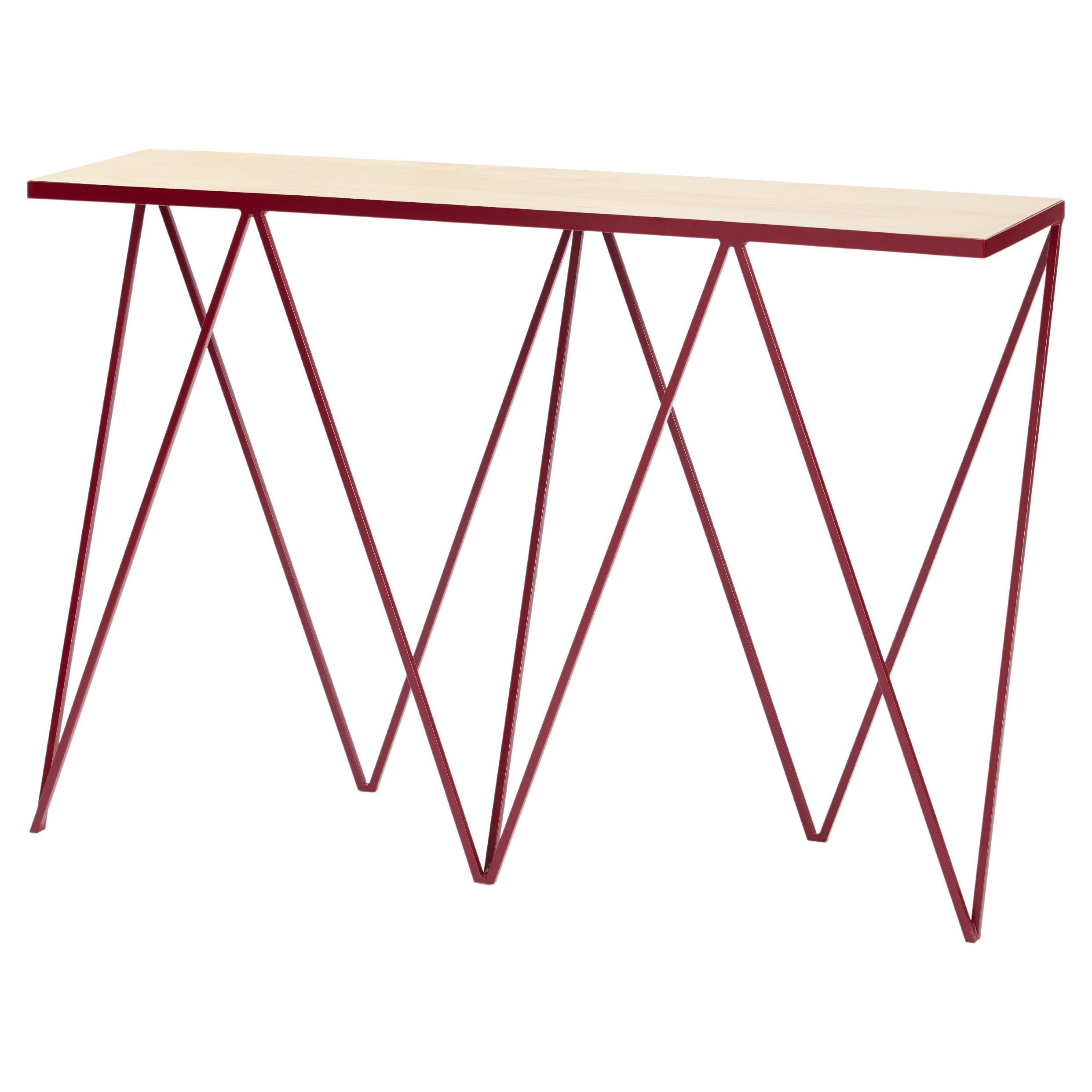 Slim Burgundy Steel Console Table with Wood Table Top / Customizable For Sale