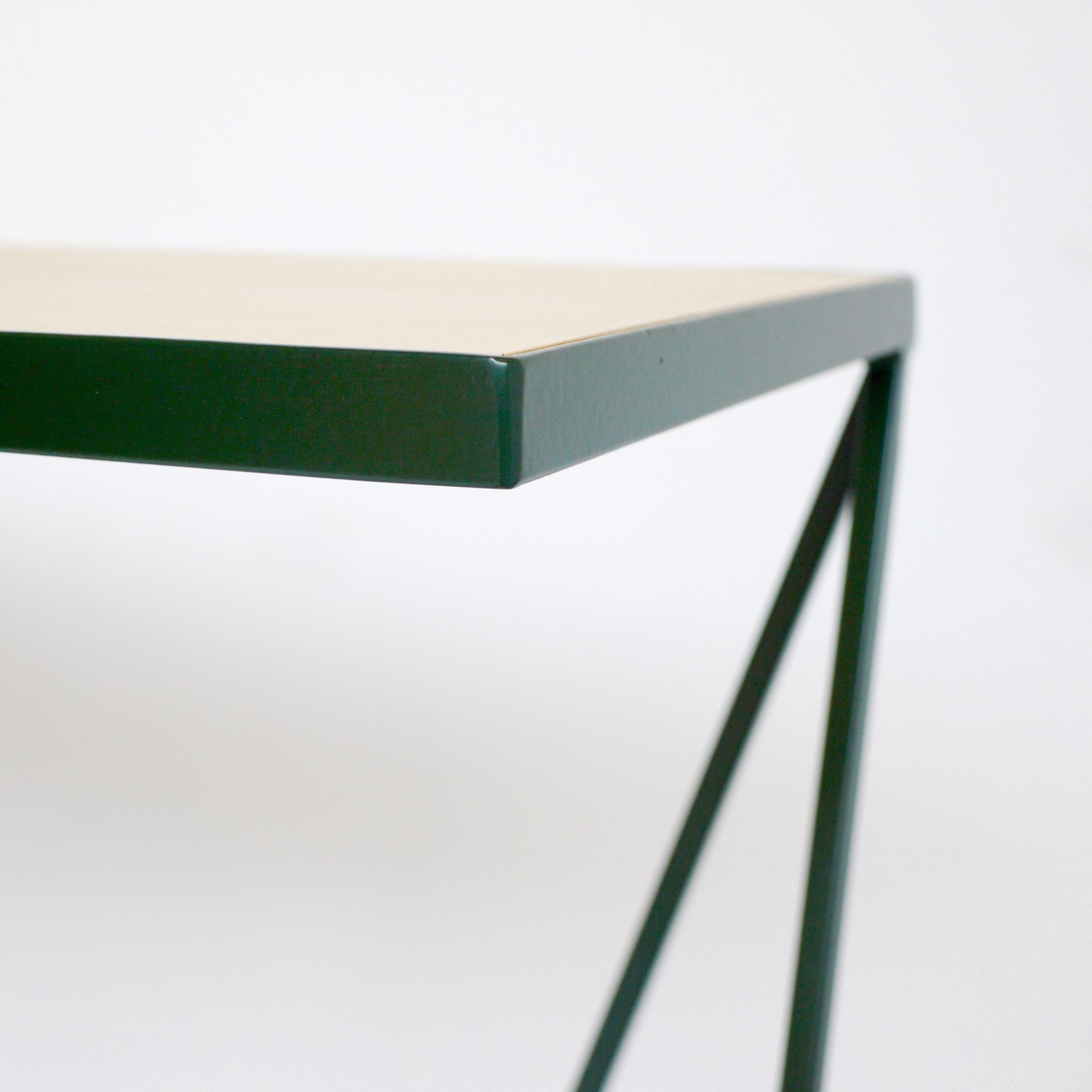 Bauhaus Slim Deep Green Steel Console Table with Wood Table Top / Customizable For Sale