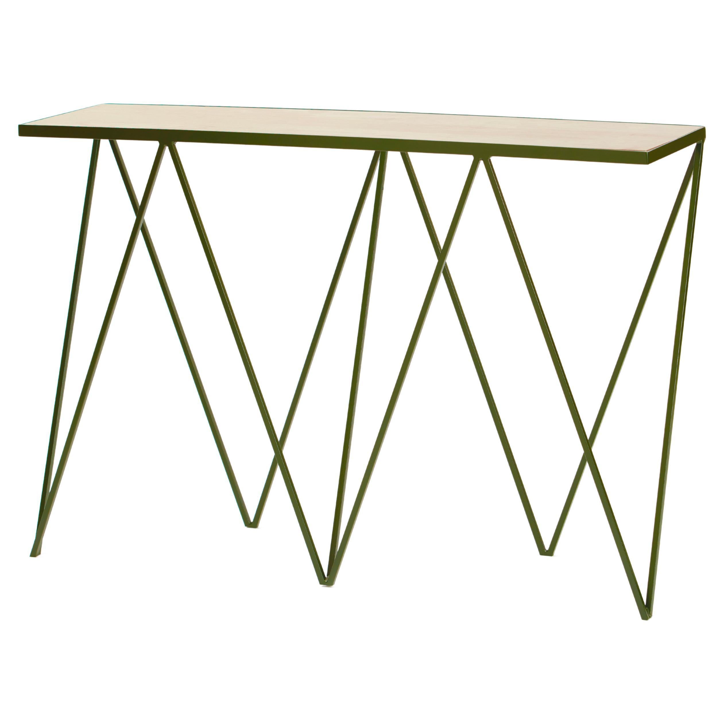 Table console en acier vert foncé mince avec plateau en bois / personnalisable