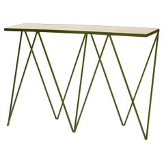 Slim Deep Green Steel Console Table with Wood Table Top / Customizable