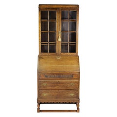 Antique Slim English Oak Bureau Bookcase, circa 1920s