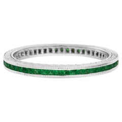 Slim French Cut Emerald Art Deco Style Channel Set Eternity Band 14K White Ring