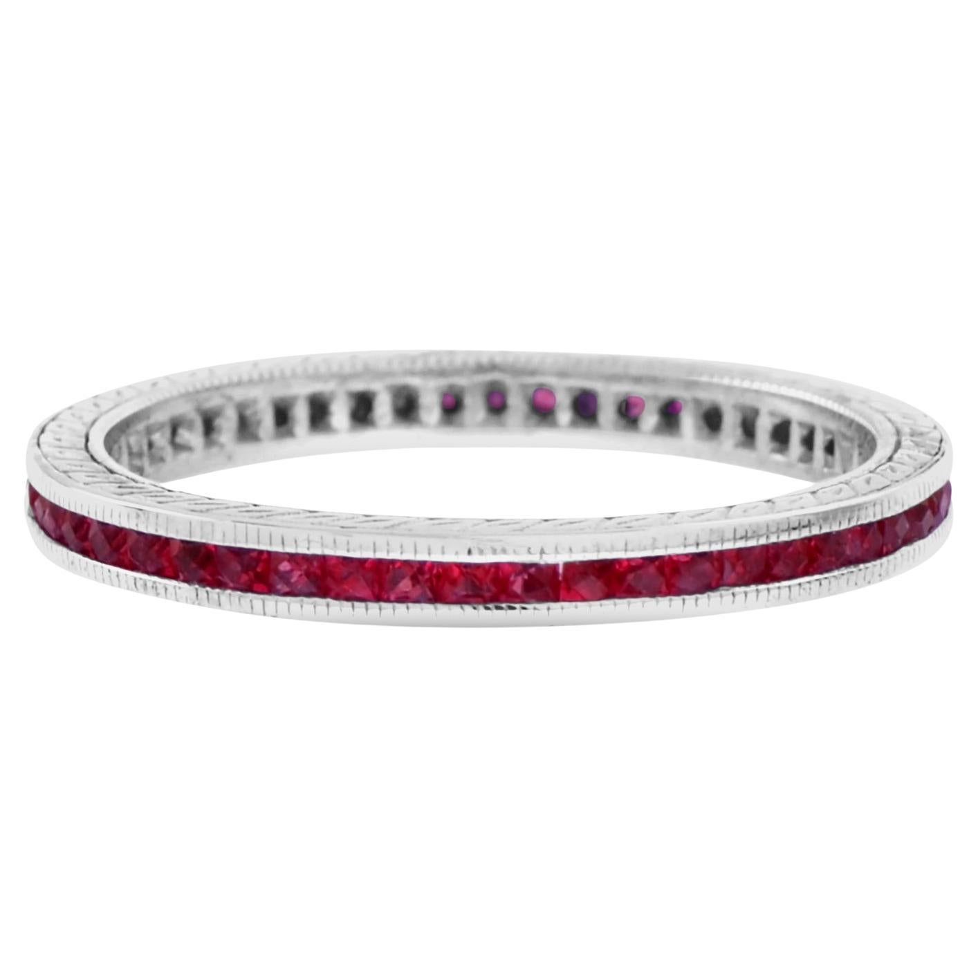 Slim French Cut Red Ruby Art Deco Style Channel Set Eternity Band 14K White Ring