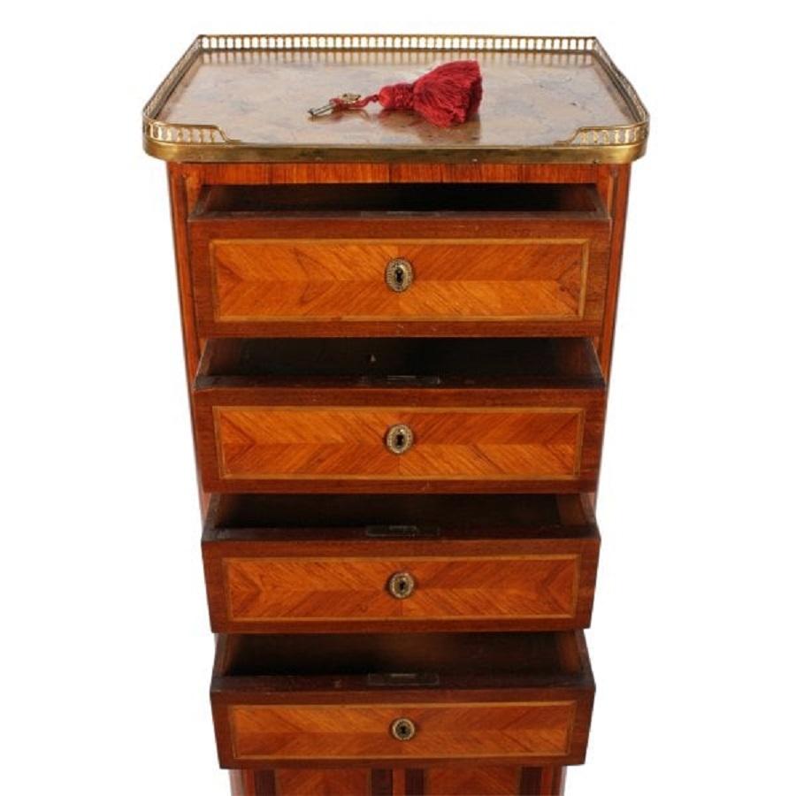 European Slim French Kingwood Marble Top Cabinet, 19th Century For Sale