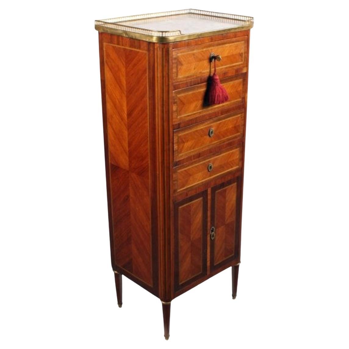 Slim French Kingwood Marble Top Cabinet, 19th Century
