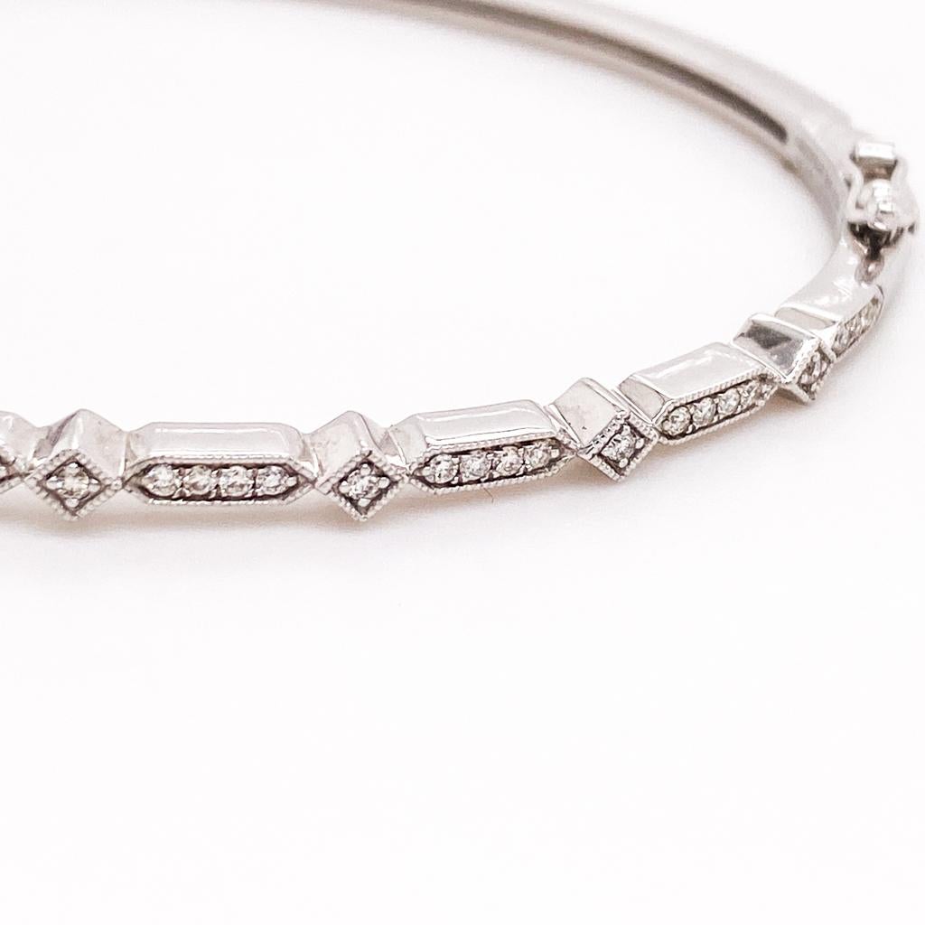 Round Cut Slim Geometric Victorian-Revival 14K White Gold Diamond Bangle Bracelet BG4309 For Sale