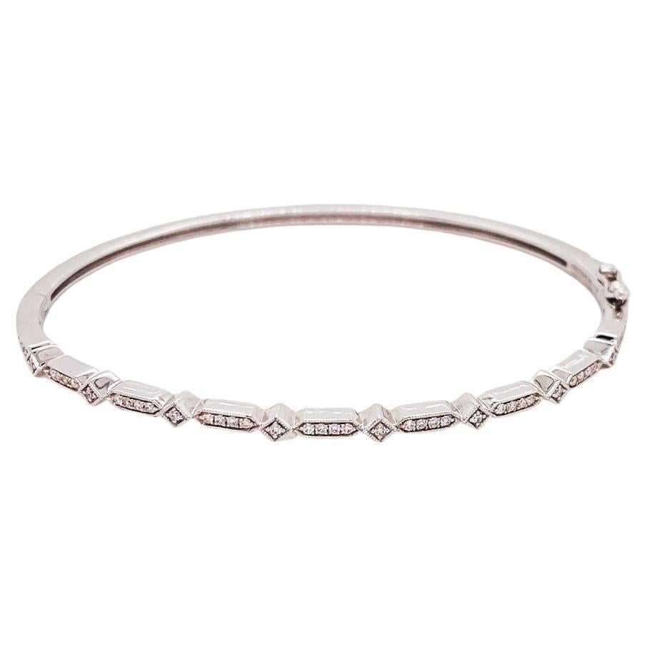 Bracelet jonc en or blanc 14 carats et diamants, mince et géométrique, de style Victorien-Revival BG4309