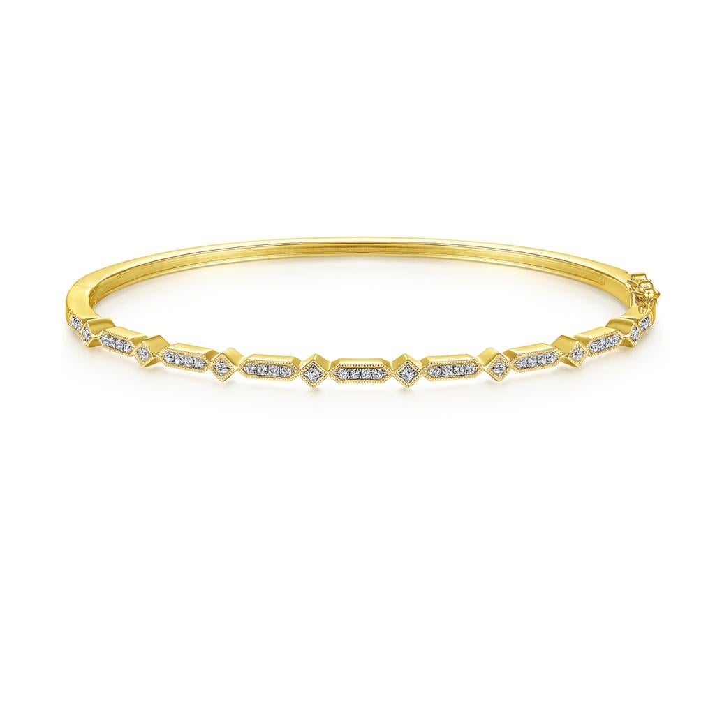 Contemporary Slim Geometric Victorian-Revival 14K Yellow Gold Diamond Bangle Bracelet BG4309 For Sale