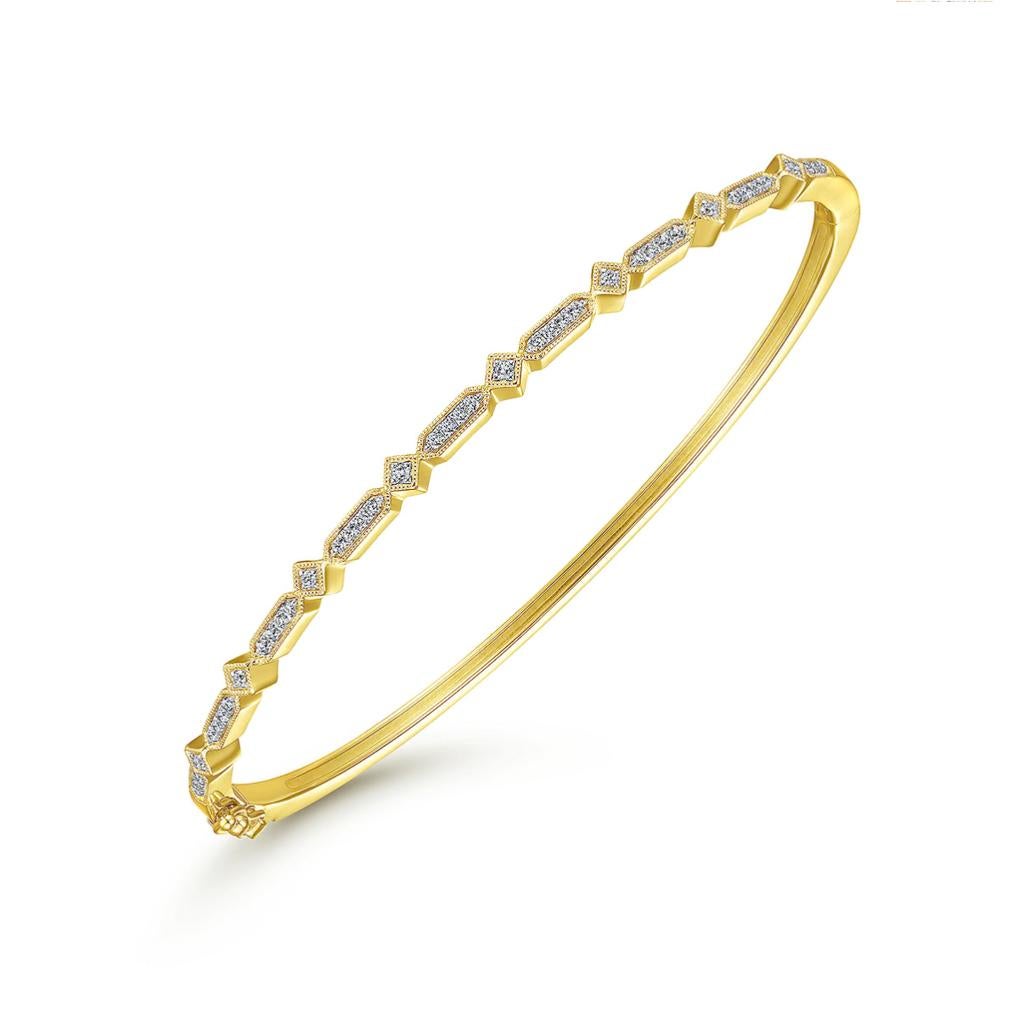 Round Cut Slim Geometric Victorian-Revival 14K Yellow Gold Diamond Bangle Bracelet BG4309 For Sale