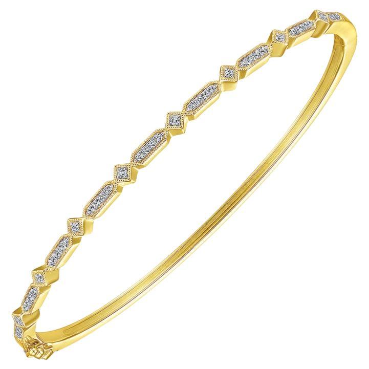 Slim Geometric Victorian-Revival 14K Yellow Gold Diamond Bangle Bracelet BG4309 For Sale
