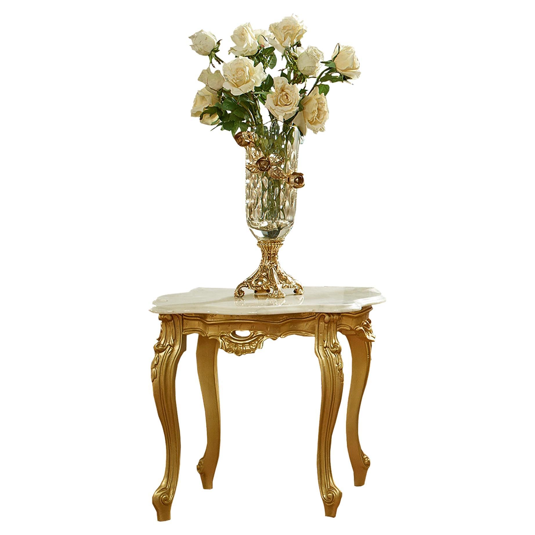 Schlanker Beistelltisch aus Blattgold mit weißer Marmorplatte von Modenese Luxury Interior