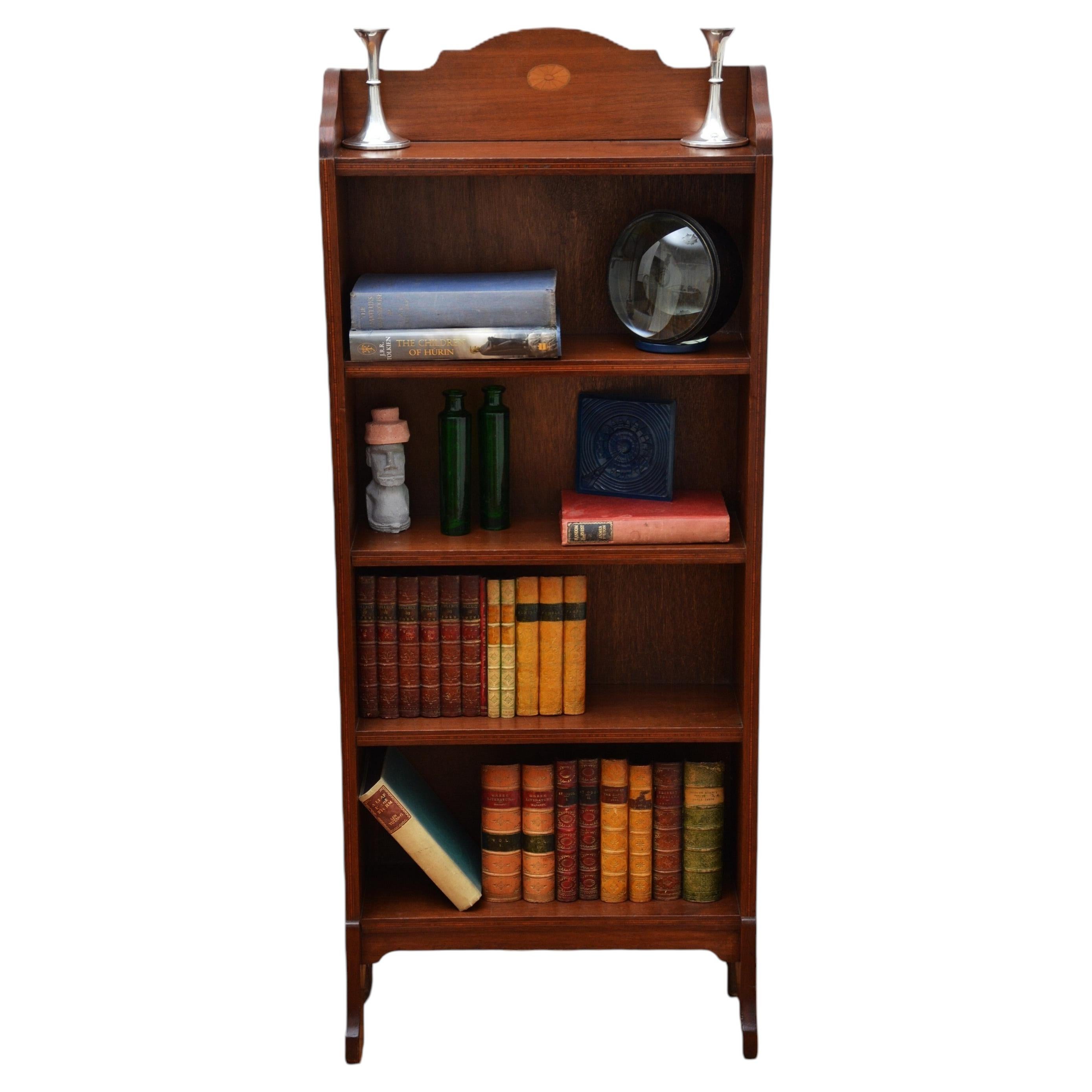 Slim Mahogany and Inlaid Open Bookcase c1900s For Sale