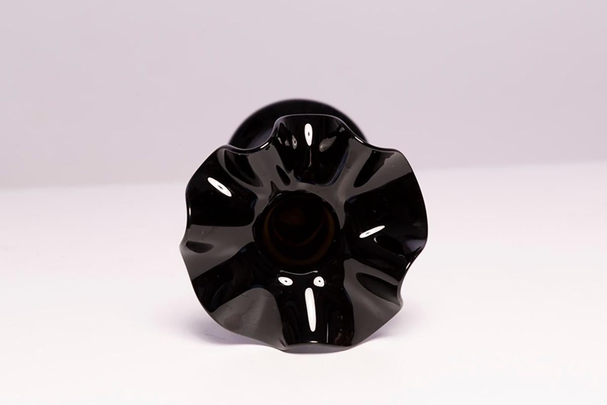 Glass Slim Mid Century Black Vase with Frill, Europe, 1960s For Sale