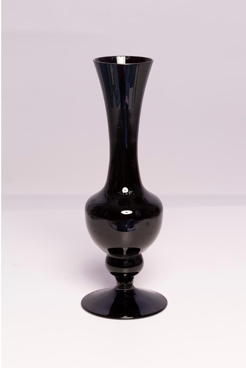 20th Century Slim Mid Century Vintage Black Dark Purple Glossy Vase, Europe, 1960s For Sale