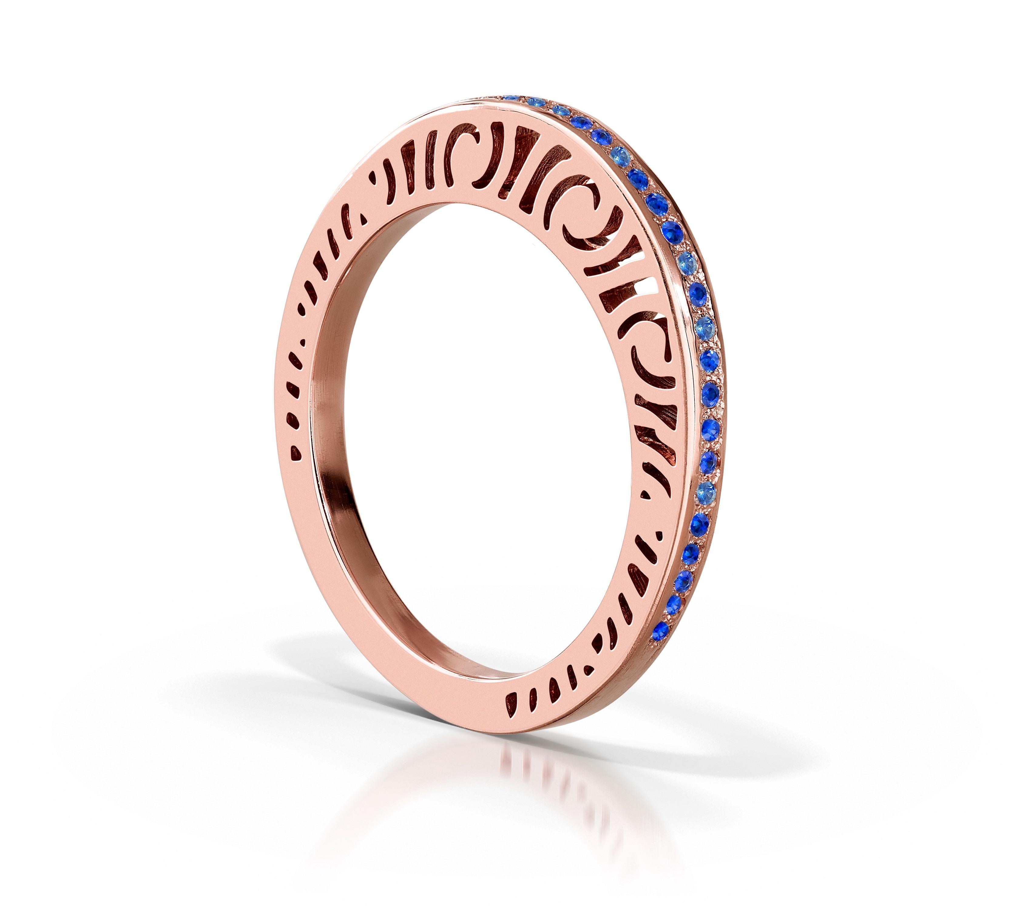 The thinnest of the Shooting Star's ring collection is the Orion Stacking Ring. It is 2 mm wide and features yellow gold with diamonds or gold with sapphires. The Orion ring is sleek, modern and bold in it's simple shape. It has thirty-three 0.9mm